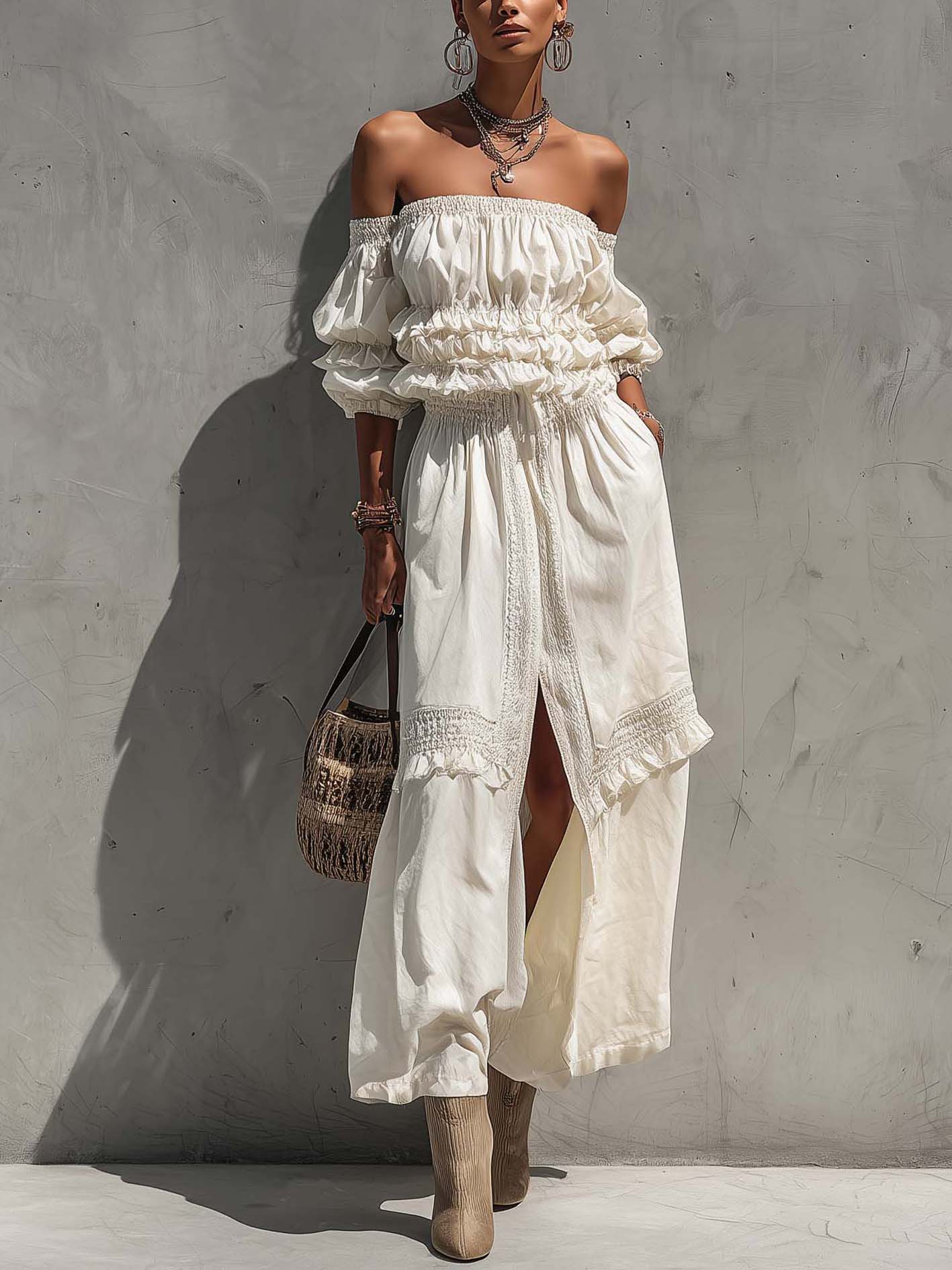 White Off Shoulder Chiffon Cotton Linen Maxi Dress With Lace Trim And Ruffle