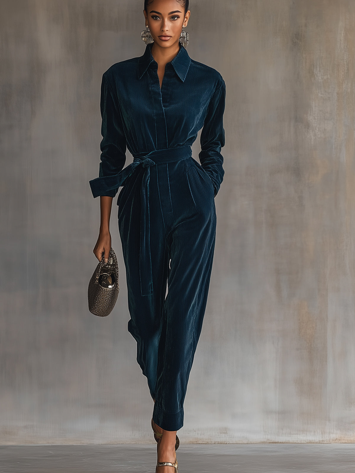 Blue Teal Corduroy Belted Jumpsuit