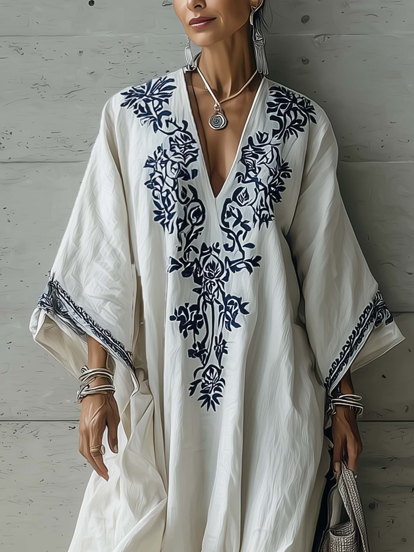 White Cotton-Linen With Blue Floral Embroidery Boho Casual Maxi Dress
