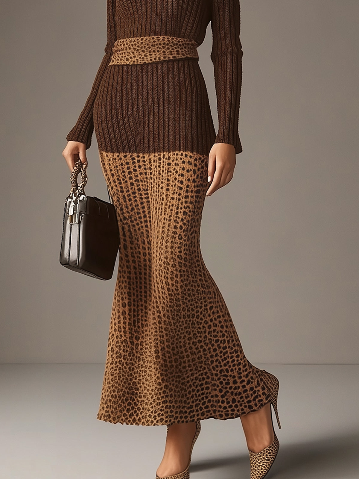 Off Shoulder Leopard Print Ribbed Knit Dress