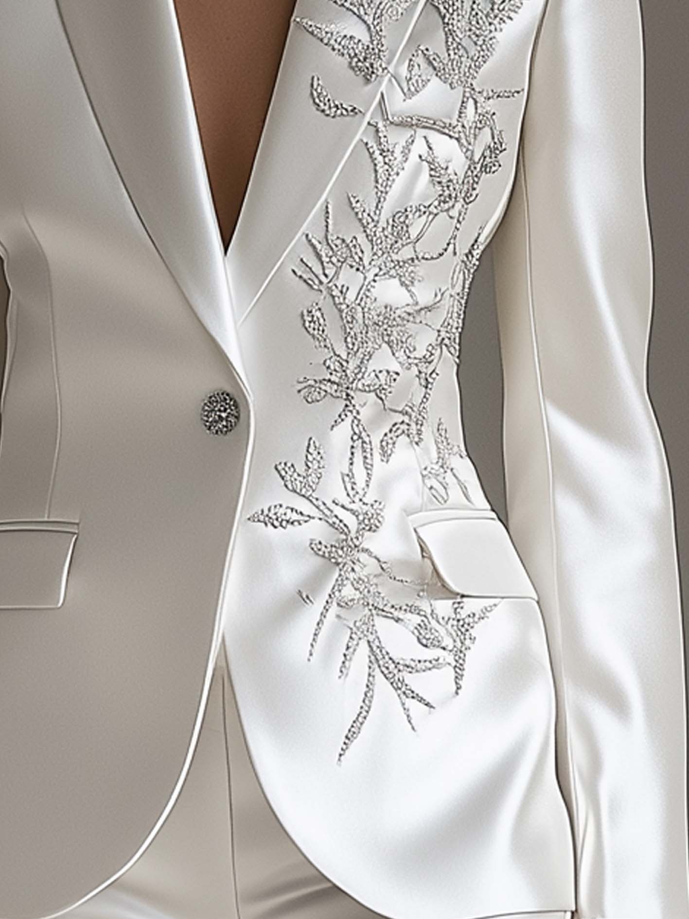 White Satin Blazer With Elegant Botanical Embroidery