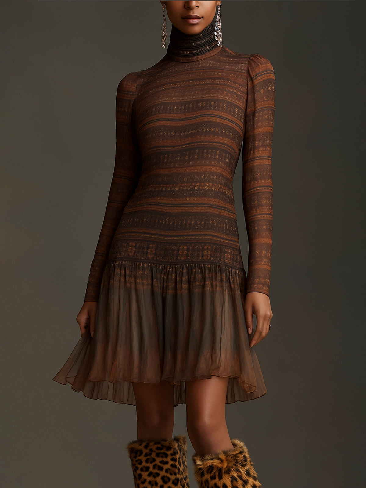 Brown Patterned High Neck Long Sleeve Dress With Sheer Hem