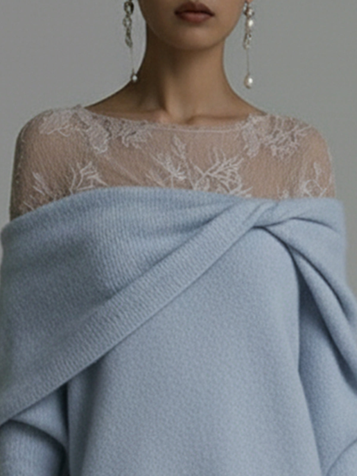 Blue Off-Shoulder Knit Mini Dress With Sheer Lace Yoke And Twisted Front Detail