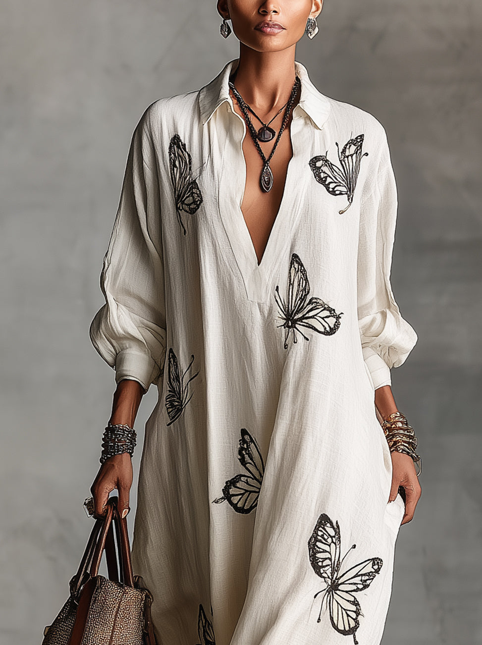 Ivory Colored Dress With Butterfly Embroidery