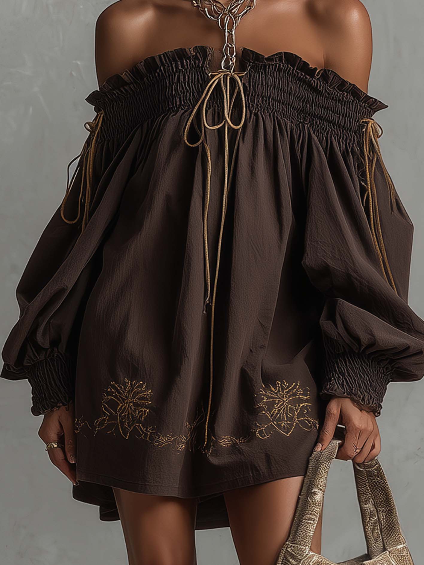 Dark Brown Cotton-Linen Off Shoulder Mini Dress With Vintage Embroidered Hem