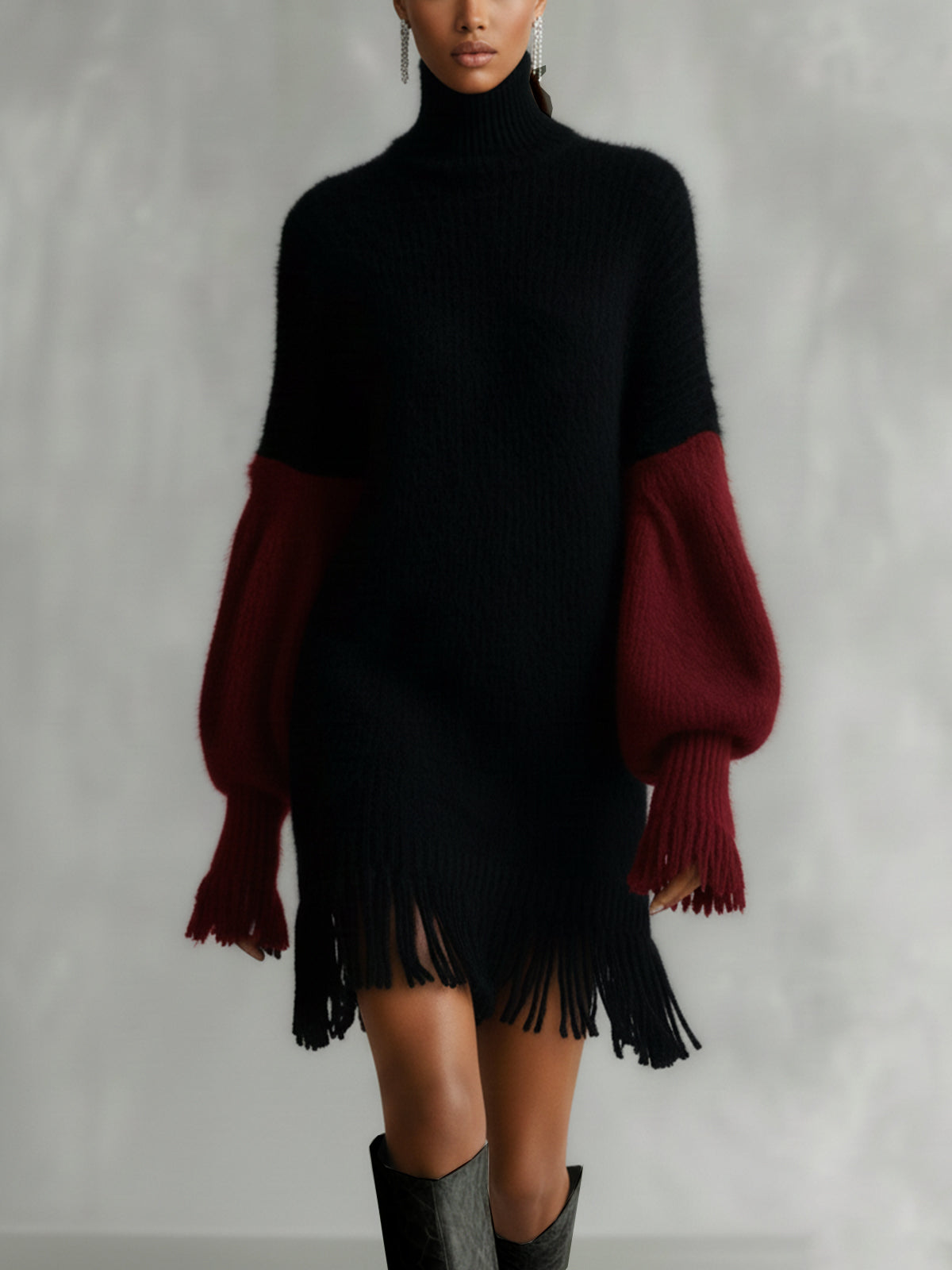 Black And Burgundy Knit Turtleneck Dress With Fringe Hem