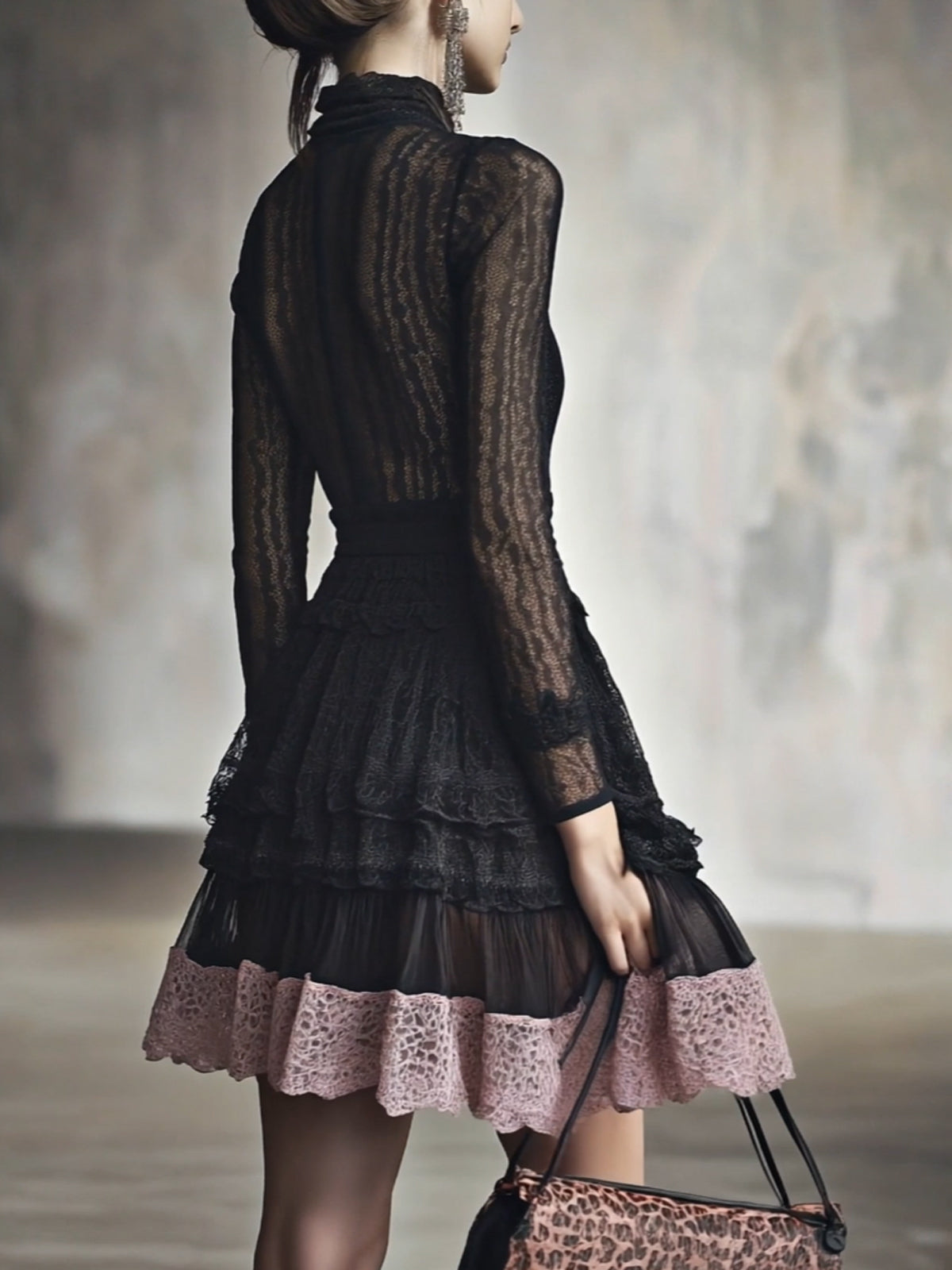 Black Lace Semi Sheer Ruffle Turtleneck Long Sleeve Mini Dress