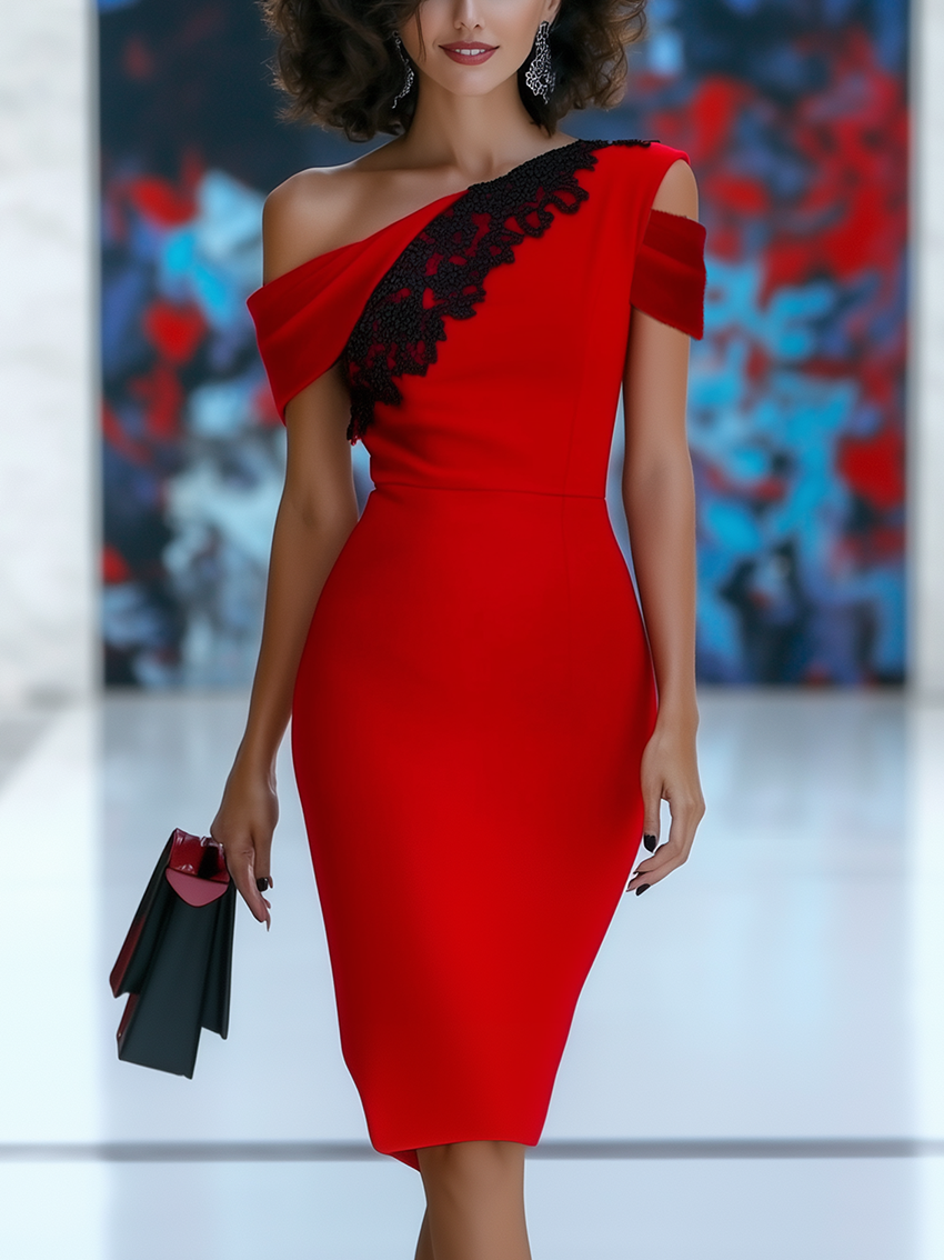 One Shoulder Red Midi Bodycon Dress With Black Lace