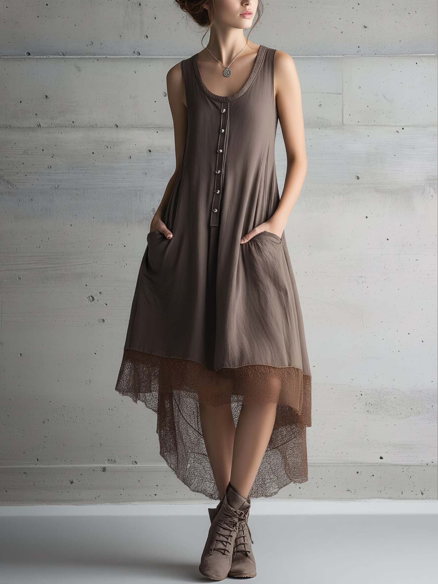 Chocolate Brown Patchwork Lace Sleeveless Irregular Hem Cotton Linen Midi Dress
