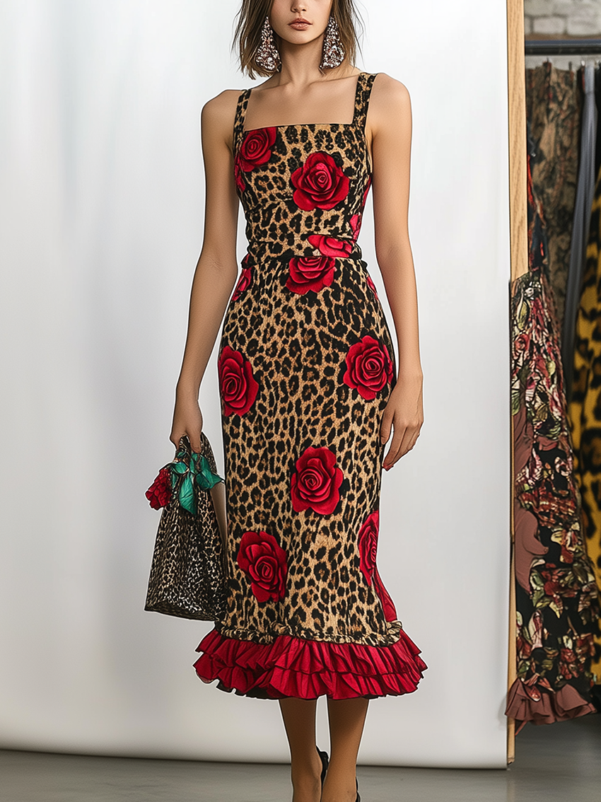Leopard And Rose Print Midi Bodycon Dress With Ruffles