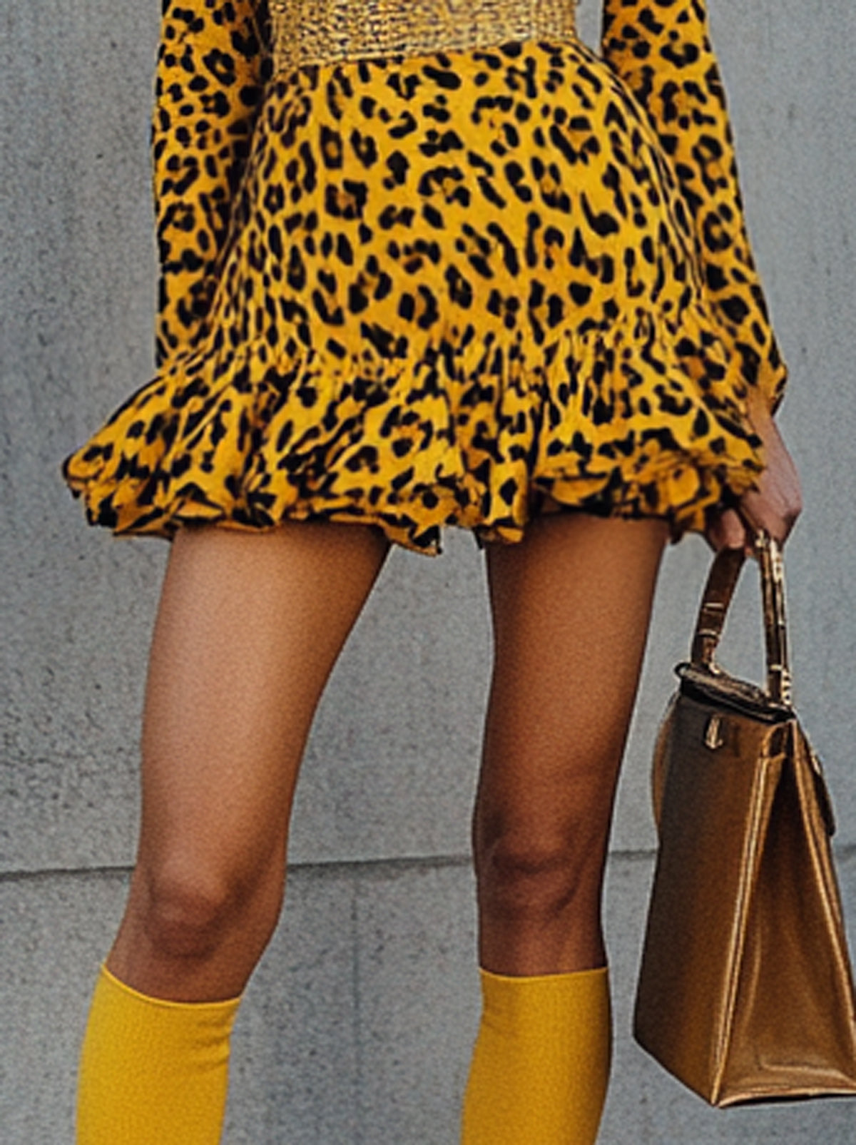 Yellow Leopard Print Shimmer Belt High Neck Long Sleeve Mini Dress