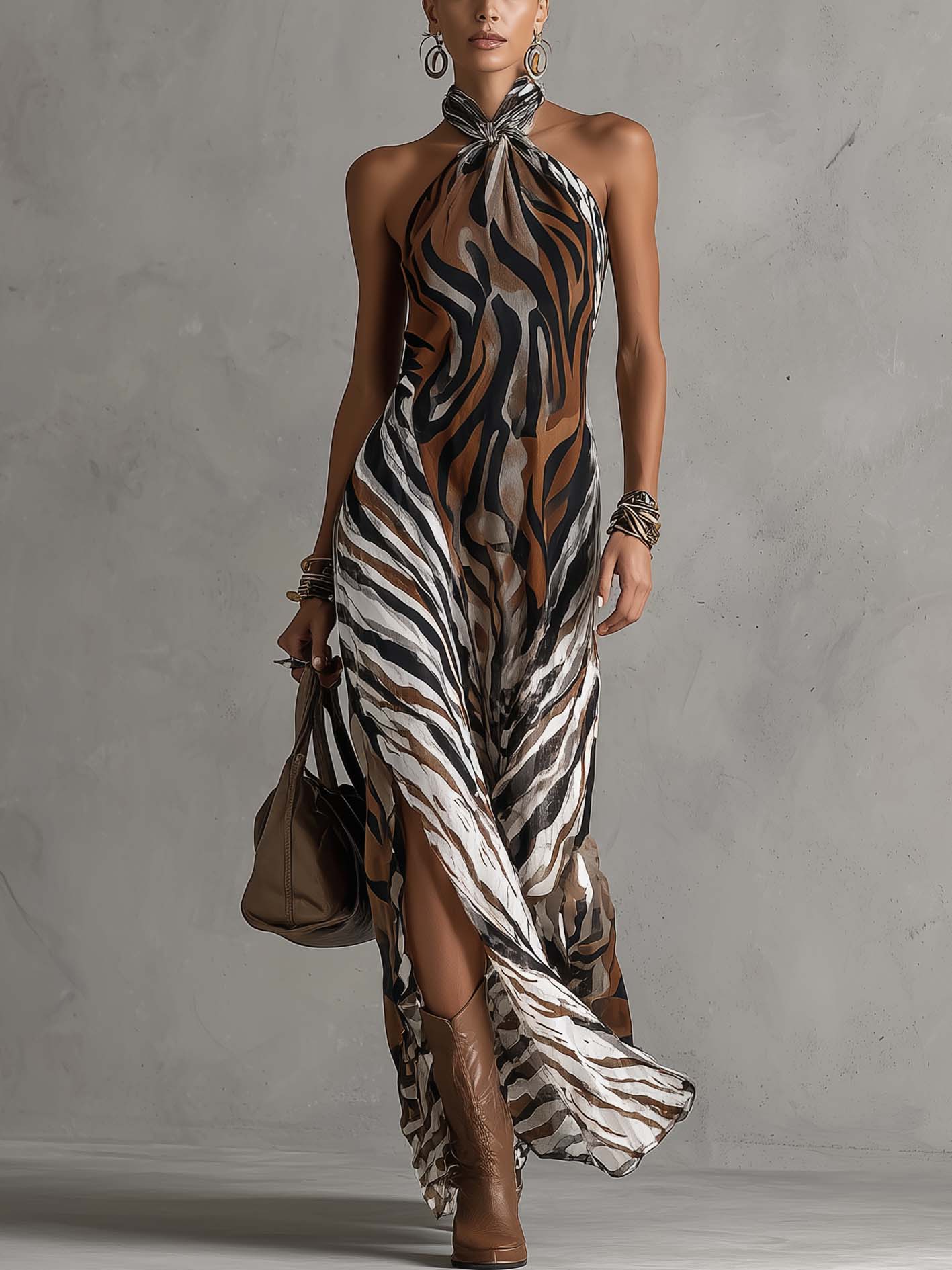 Multicolor Zebra Print Halter Neck Sleeveless Maxi Dress