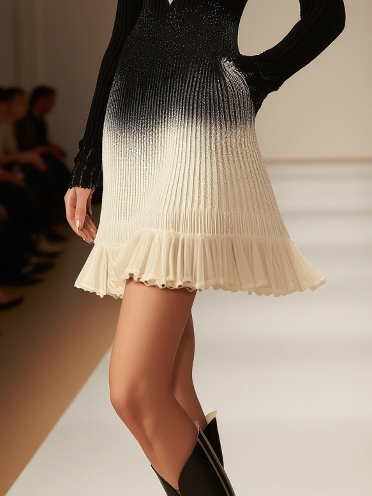 Black Knit Ombre Ruffle Hem V-Neck Long Sleeve Mini Dress