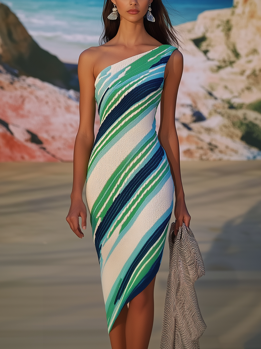 One Shoulder Green Knit Midi Bodycon Dress With Diagonal Stripes