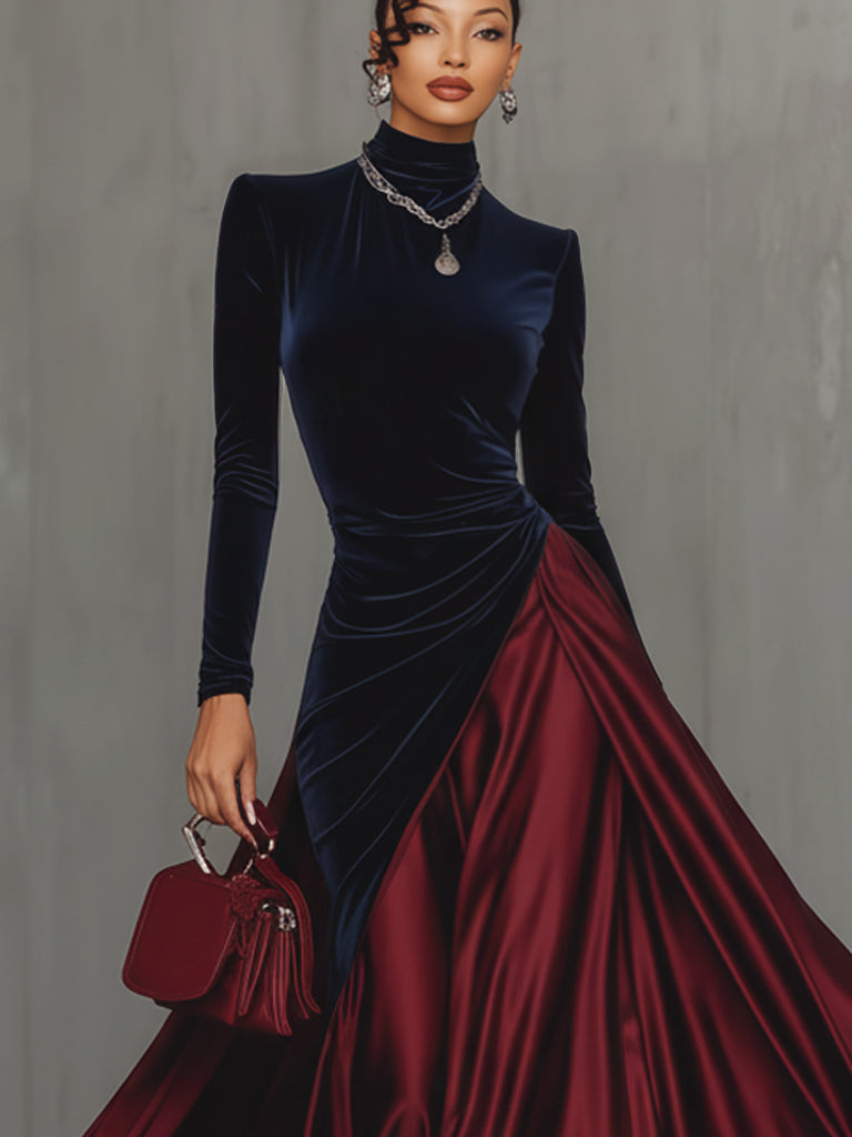 Blue Velvet And Burgundy Satin Color Block Long Dress