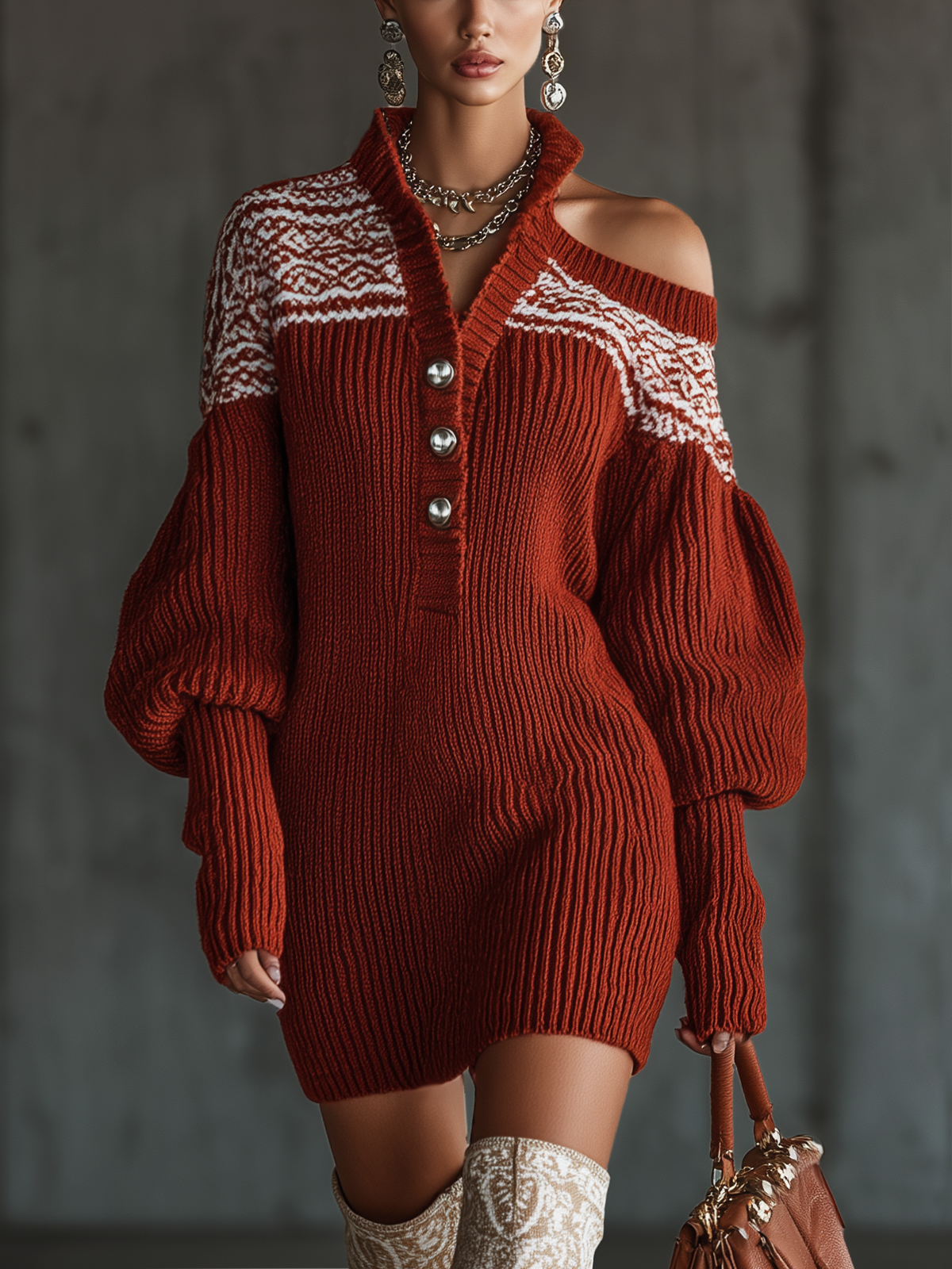 Red Knitted Fair Isle Pattern Off The Shoulder Mini Dress