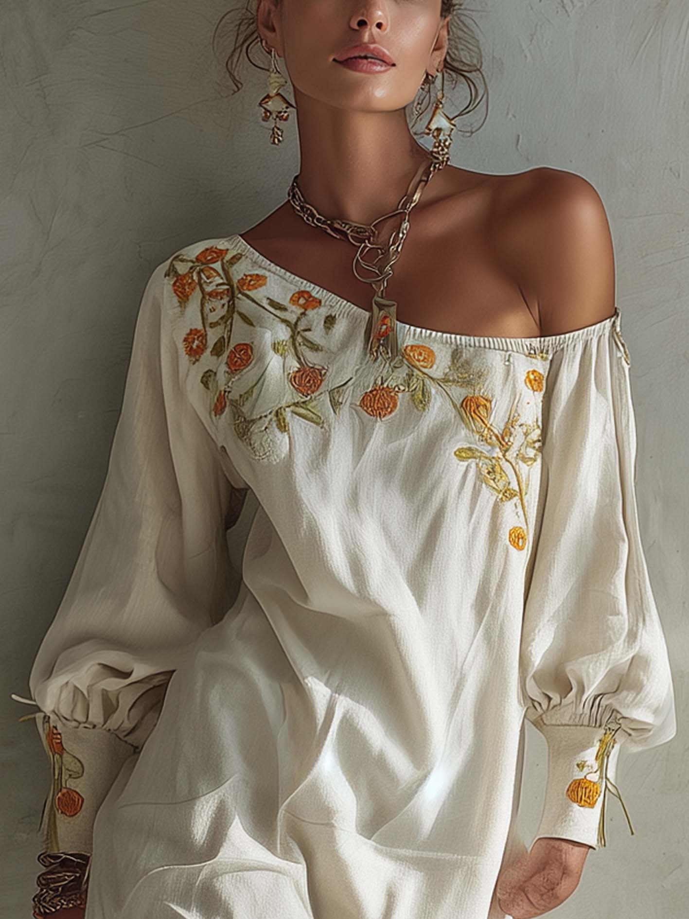 White One Shoulder Cotton Linen Mini Dress With Orange Floral Embroidery