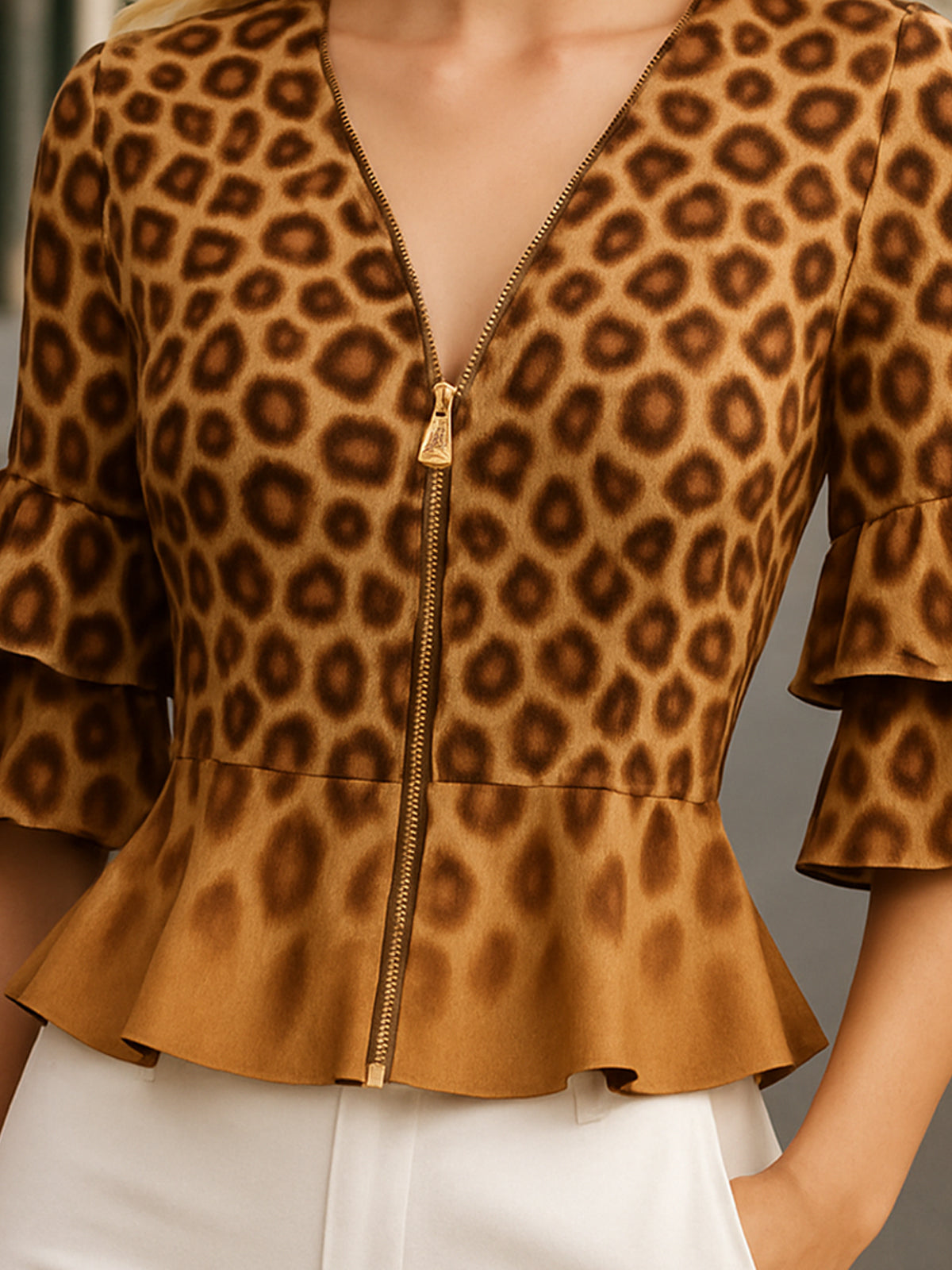 Stylish Leopard Print Ruffle Sleeve Peplum Blouse