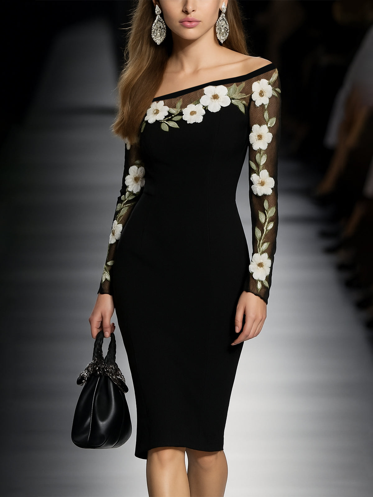 Elegant Black Off Shoulder Floral Embroidered Sheer Sleeve Dress