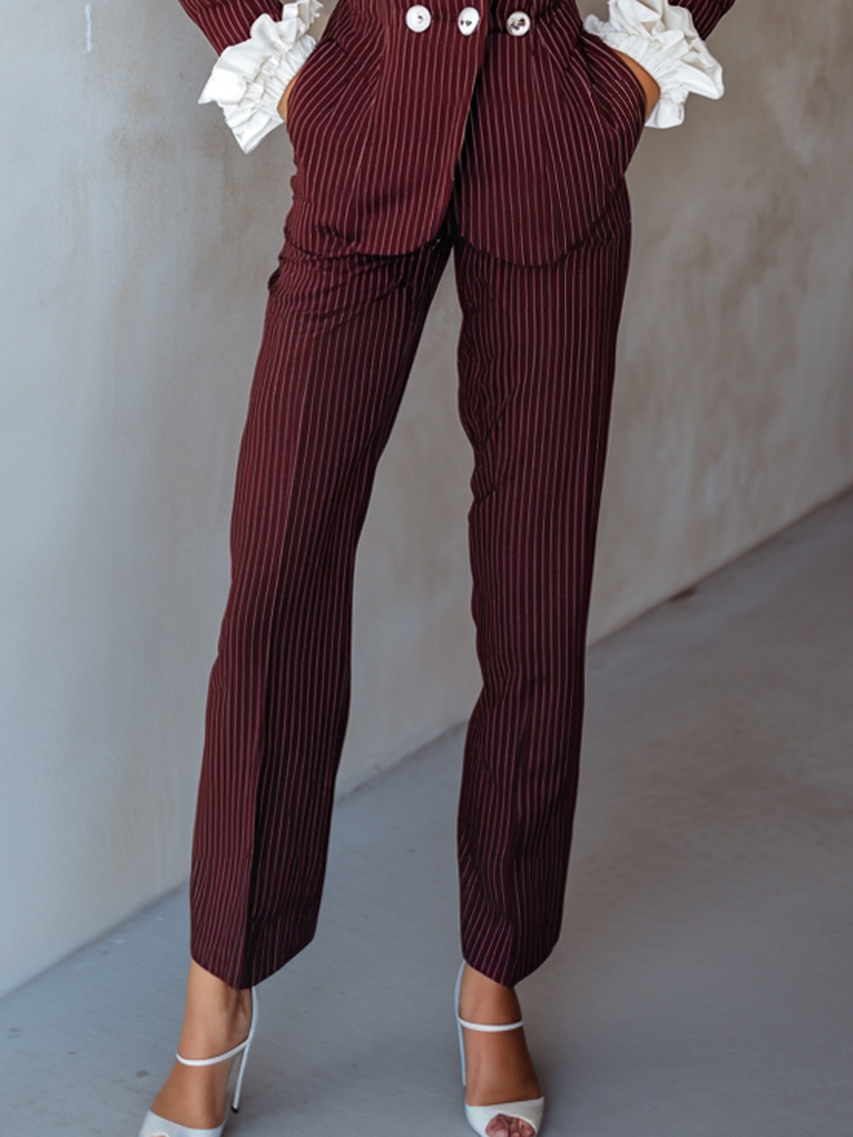 Red Pinstripe Ruffle Cuff Double Breasted Suit