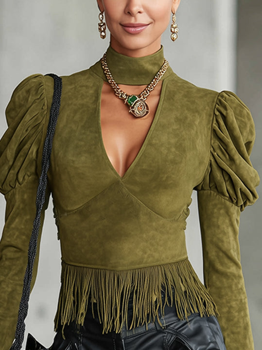 Olive Green Faux Suede Fringe Top With Puff Sleeves