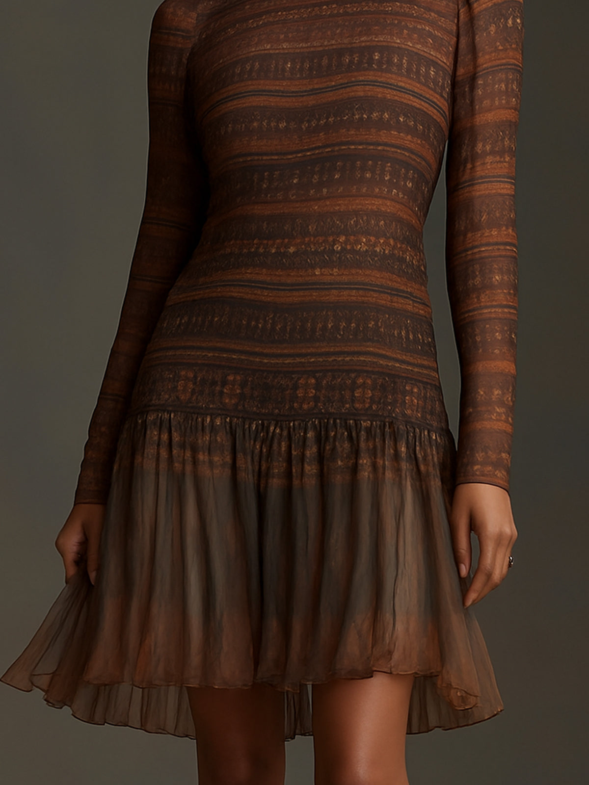 Brown Patterned High Neck Long Sleeve Dress With Sheer Hem