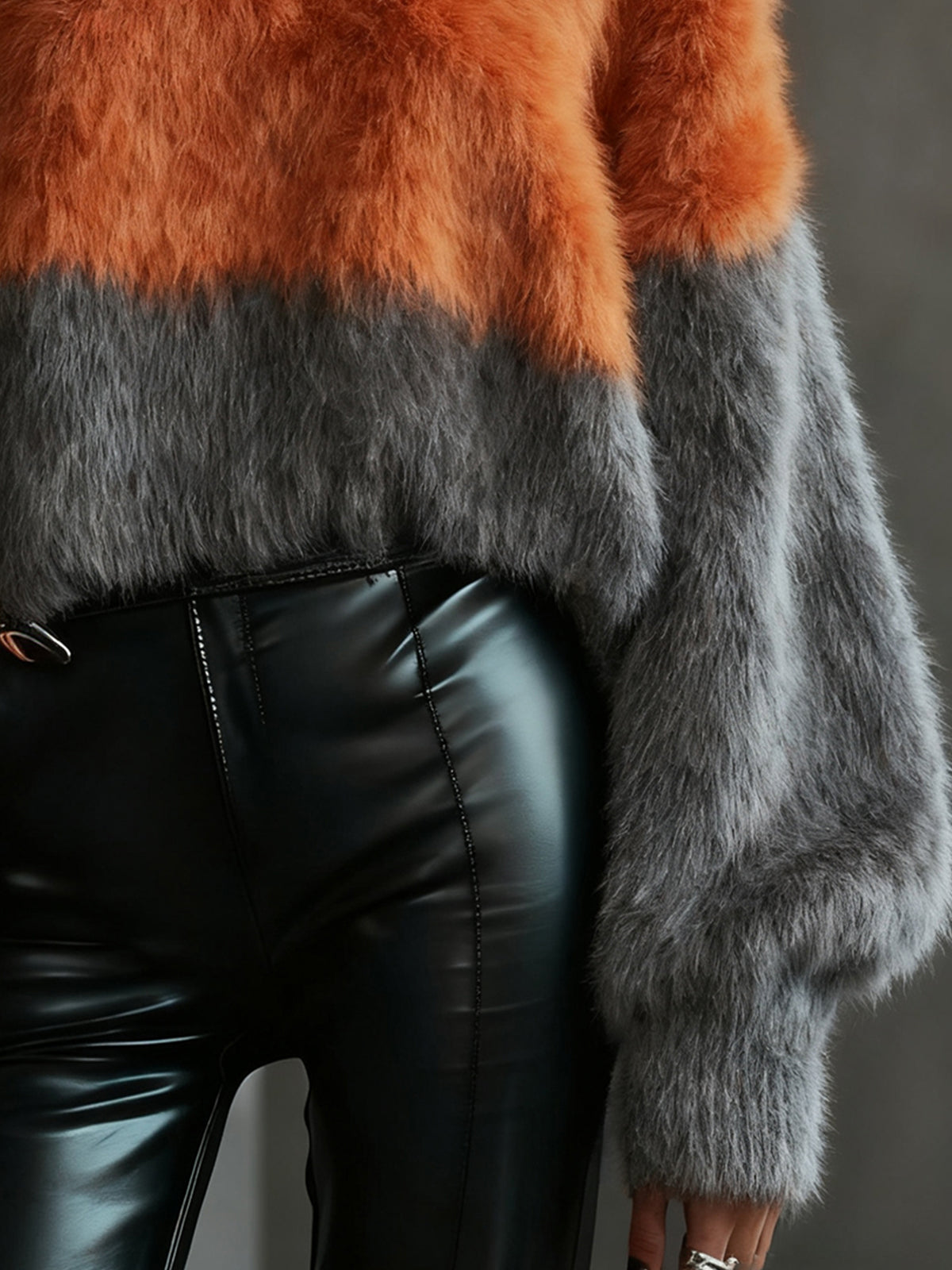 Two-Tone Fluffy Knit High-Neck Sweater