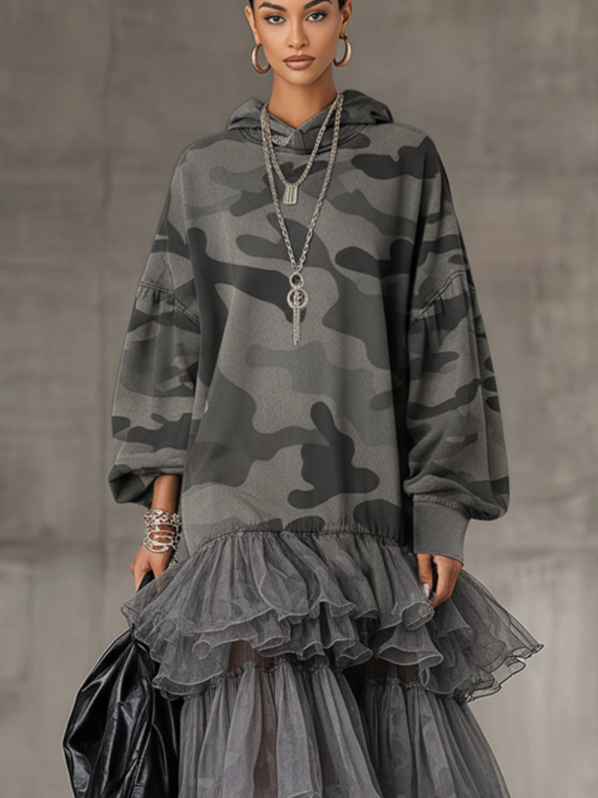 Gray Camouflage Fleece Layered Chiffon Long Sleeve Midi Dress