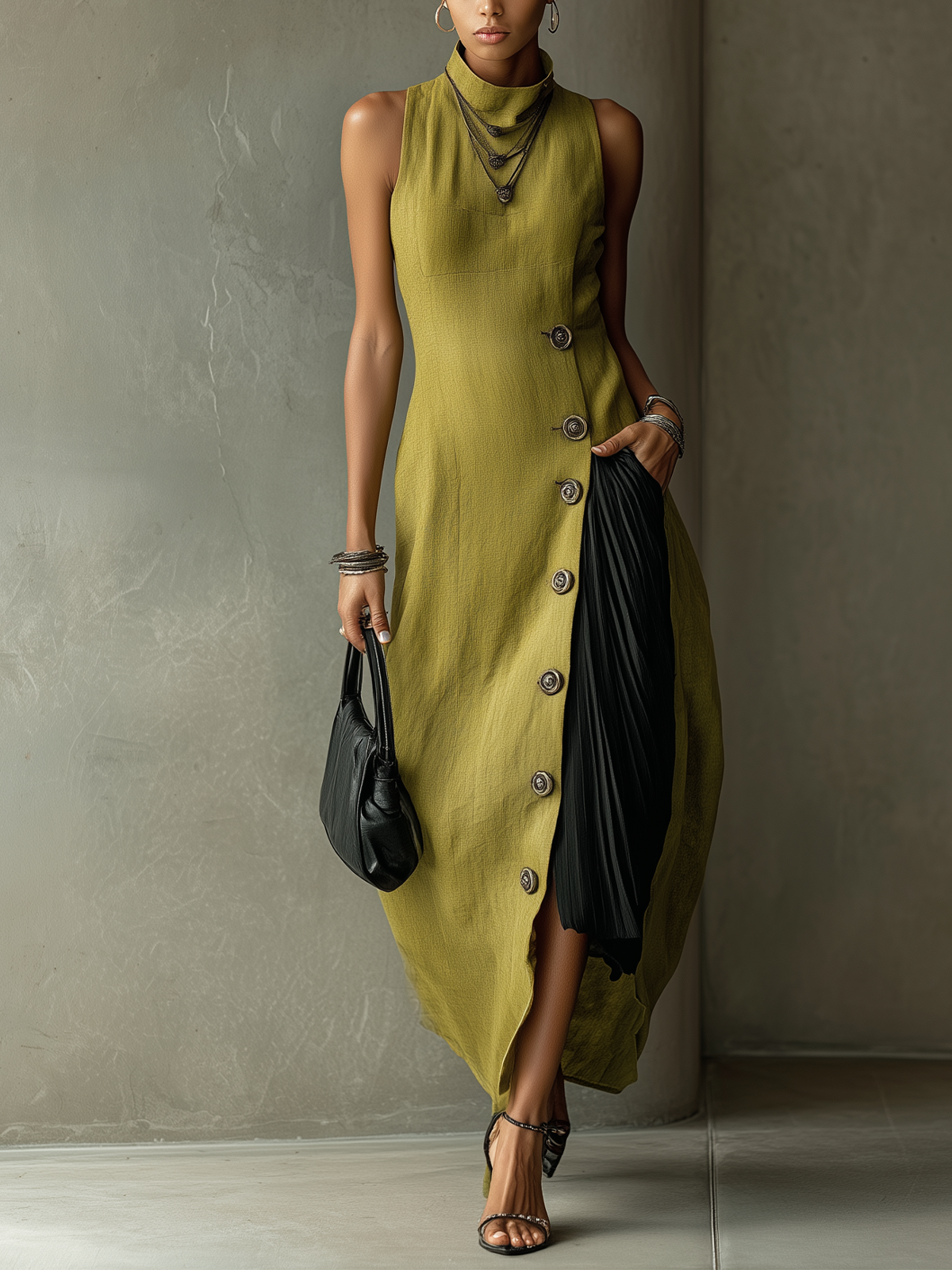 Olive Asymmetrical Button-Front Sleeveless Midi Dress With Pleated Panel