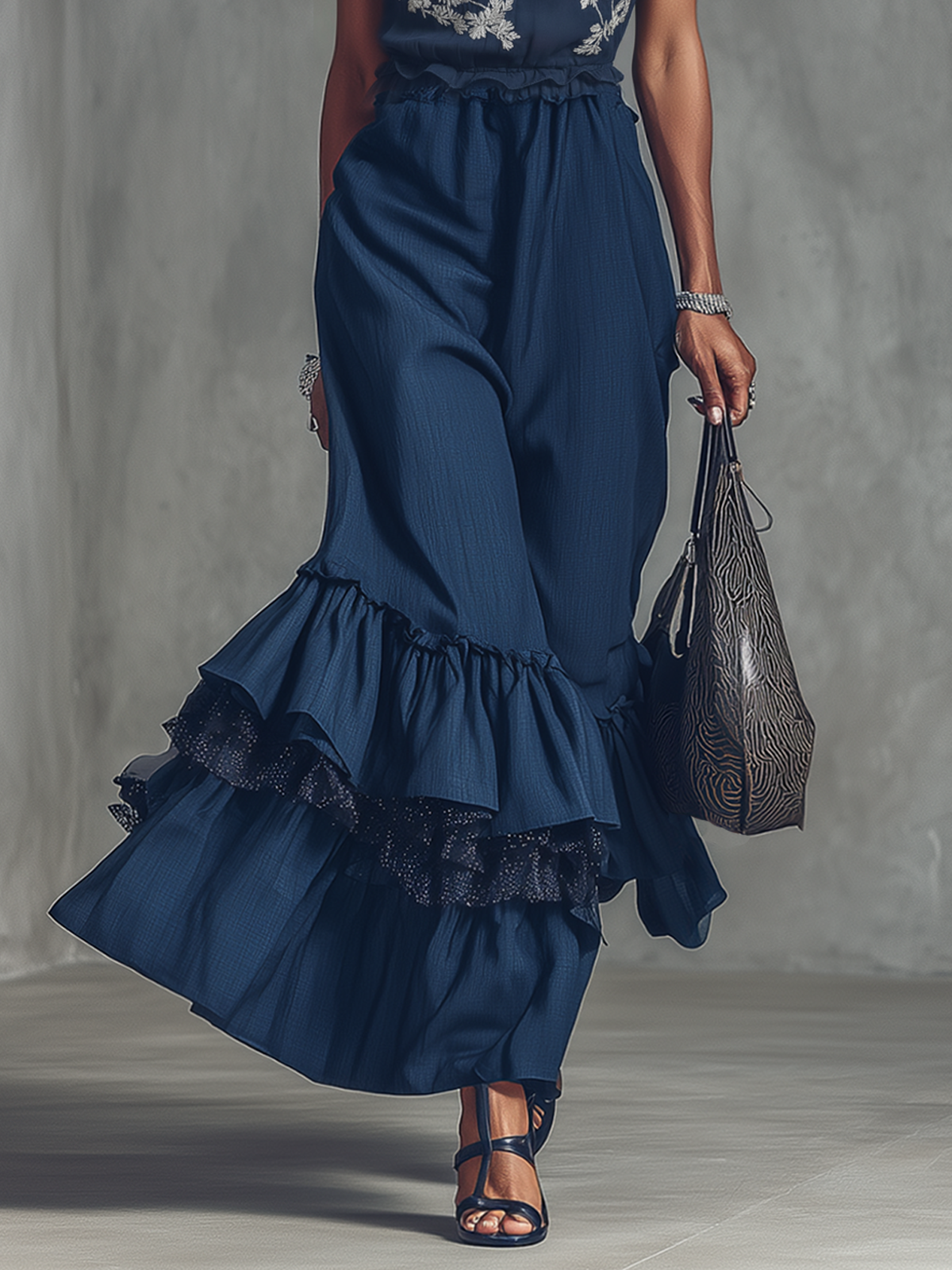 Midnight Blue Embroidered Chiffon Halter Ruffle Maxi Dress