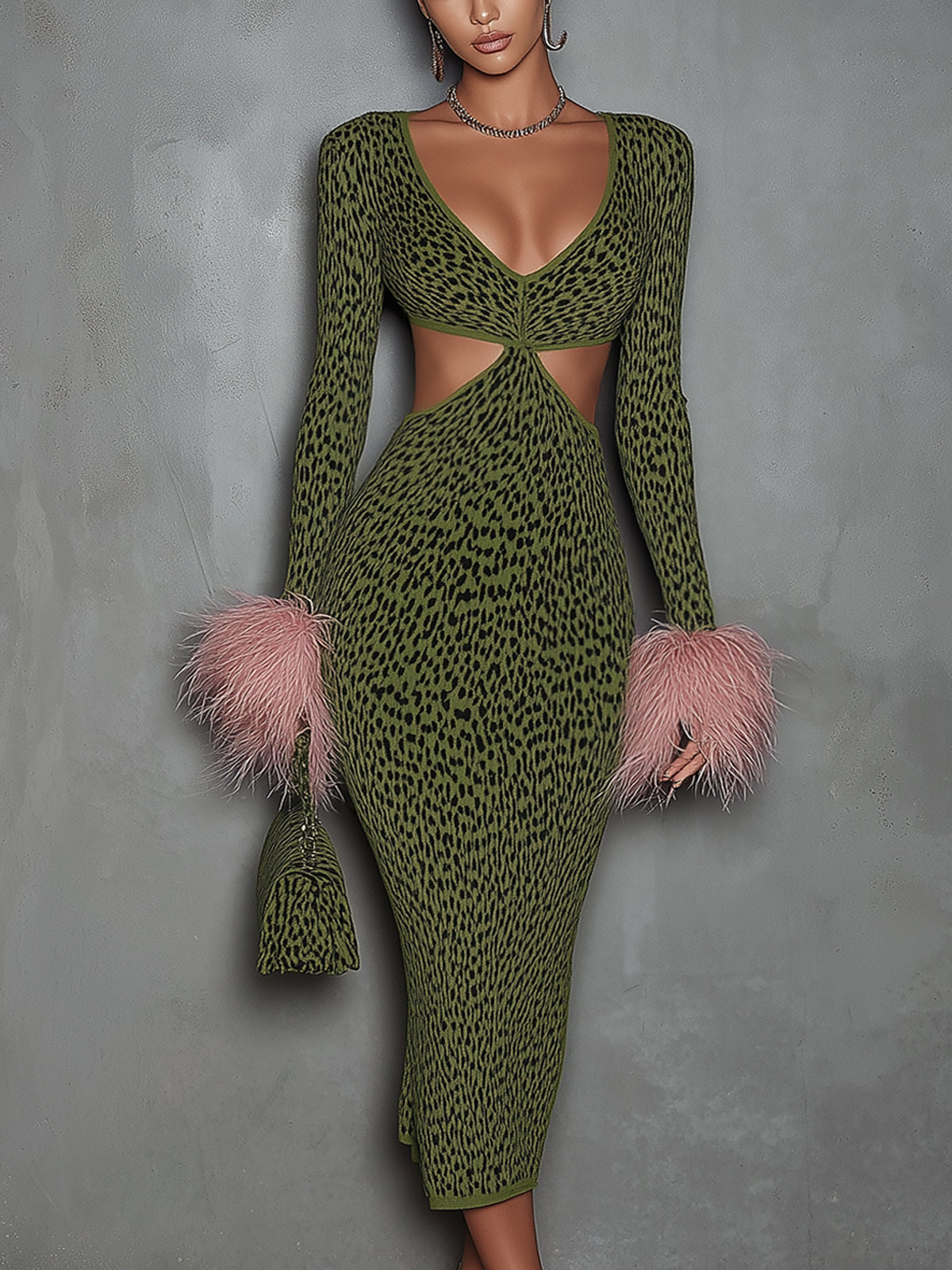 Olive Green Leopard Print Open Knit Bodycon Dress With Feather Cuffs