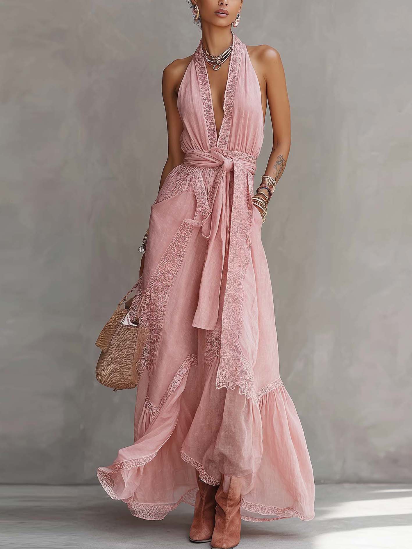 Pink Cotton Linen Patchwork Lace Trim V-Neck Sleeveless Maxi Dress