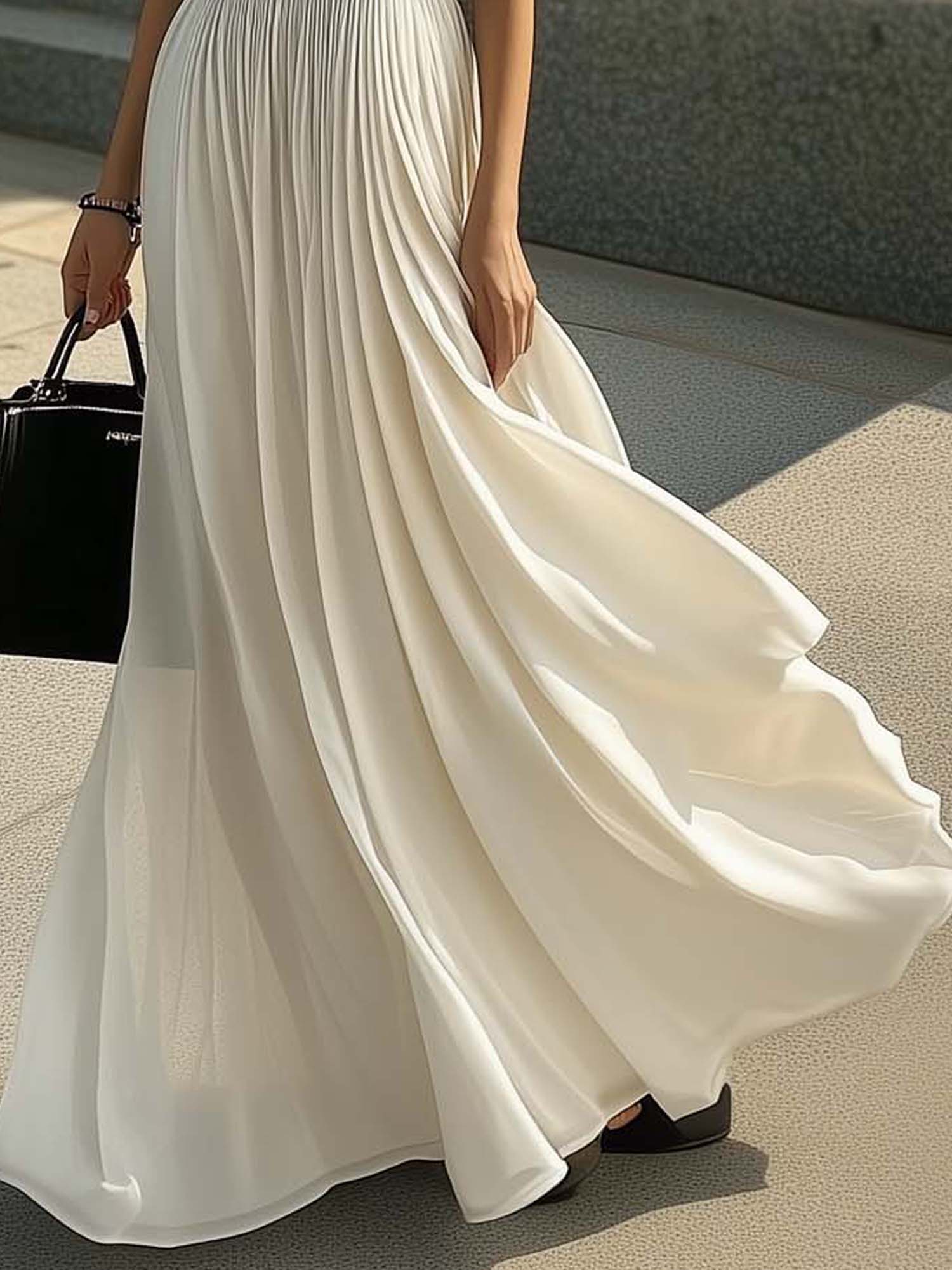One Shoulder Stitching White Black Satin Maxi Dress
