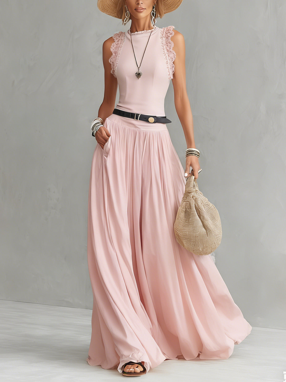 Pink Lace Trim Pleated Maxi Dress