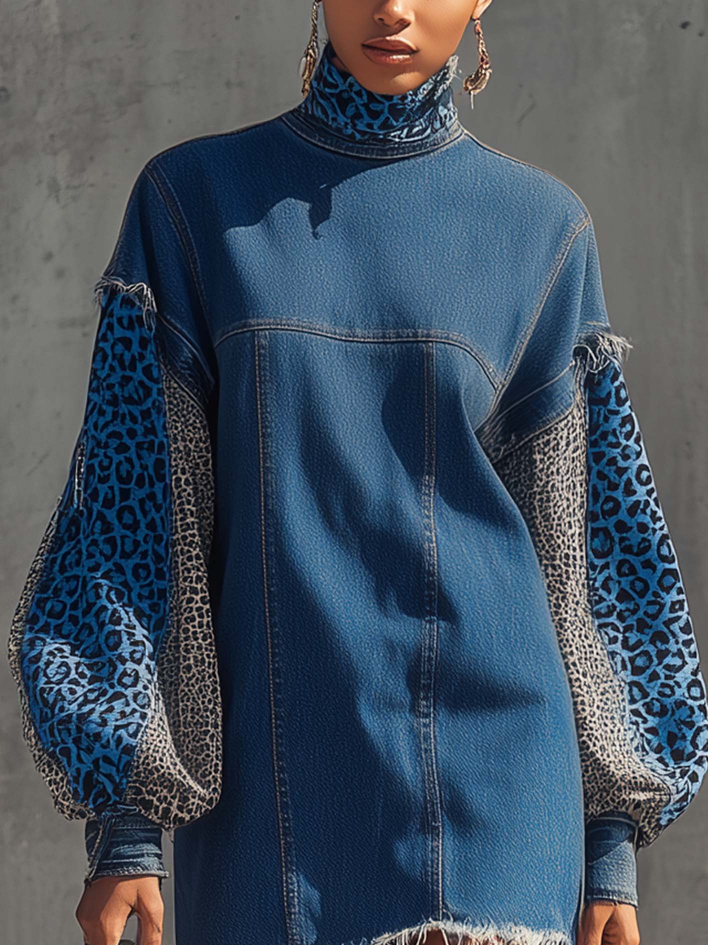 Blue Denim Mini Dress With Leopard Print Balloon Sleeves