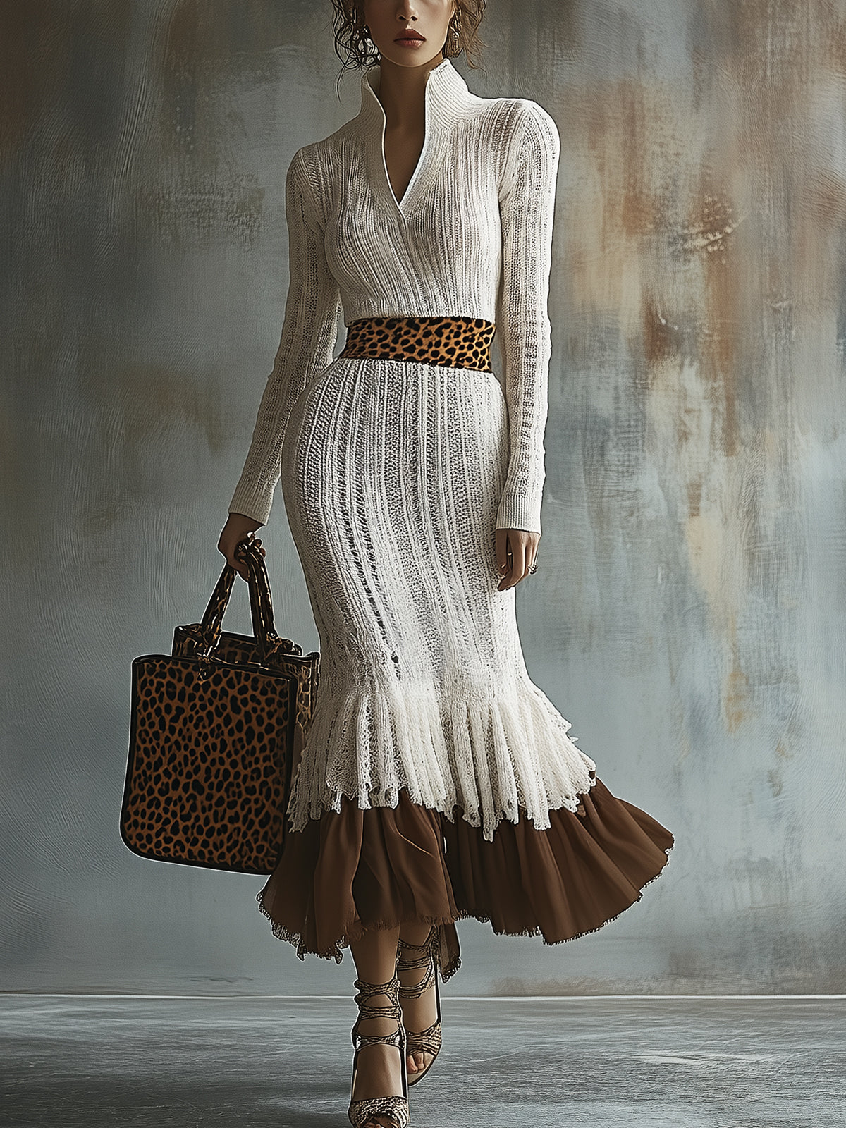 Knit Dress With Leopard Print Accents And Ruffled Hem