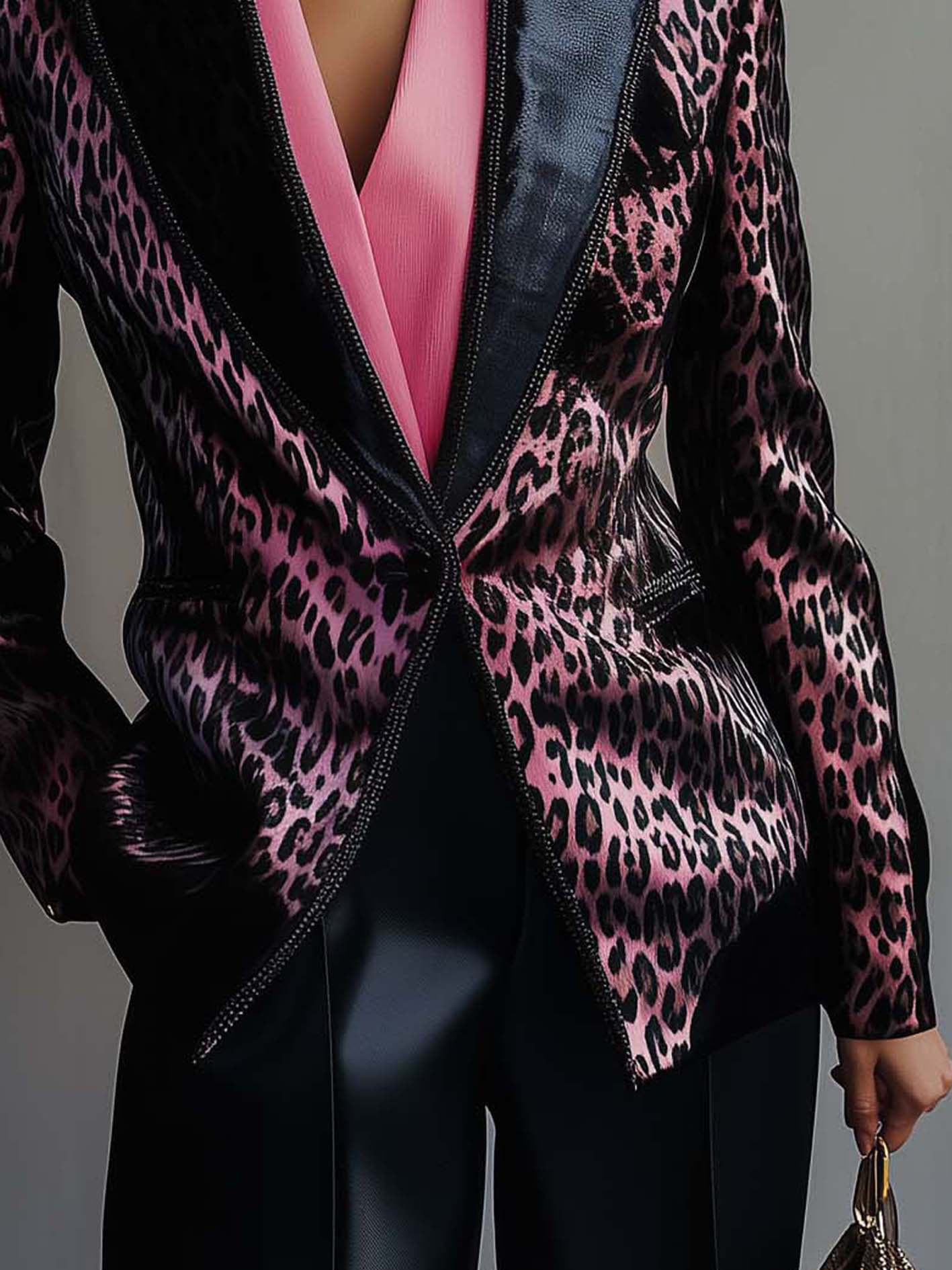 Pink Satin Blazer With Black Leopard Print And Web Trim