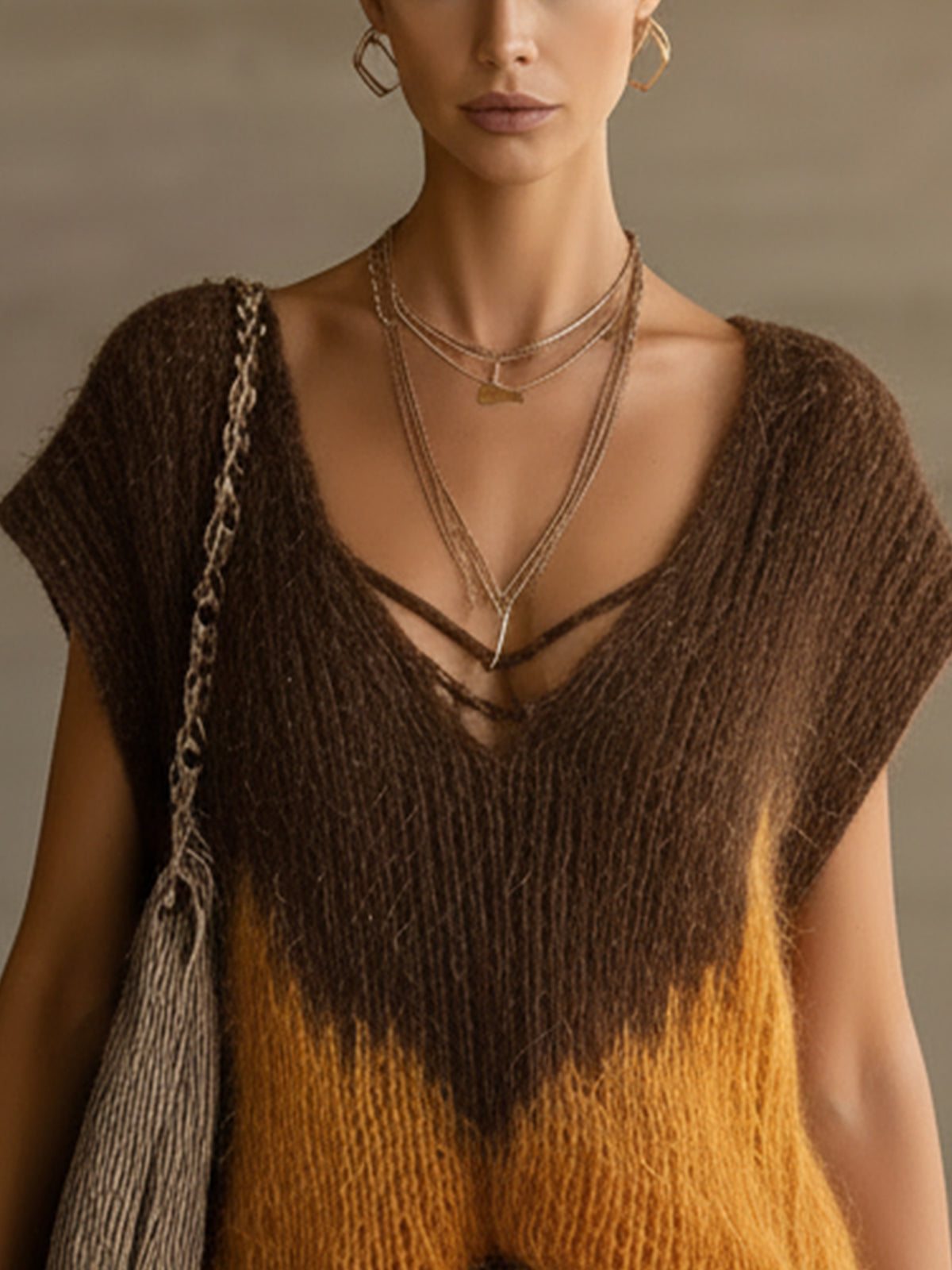 Brown And Orange Sweater With V-Neck Design