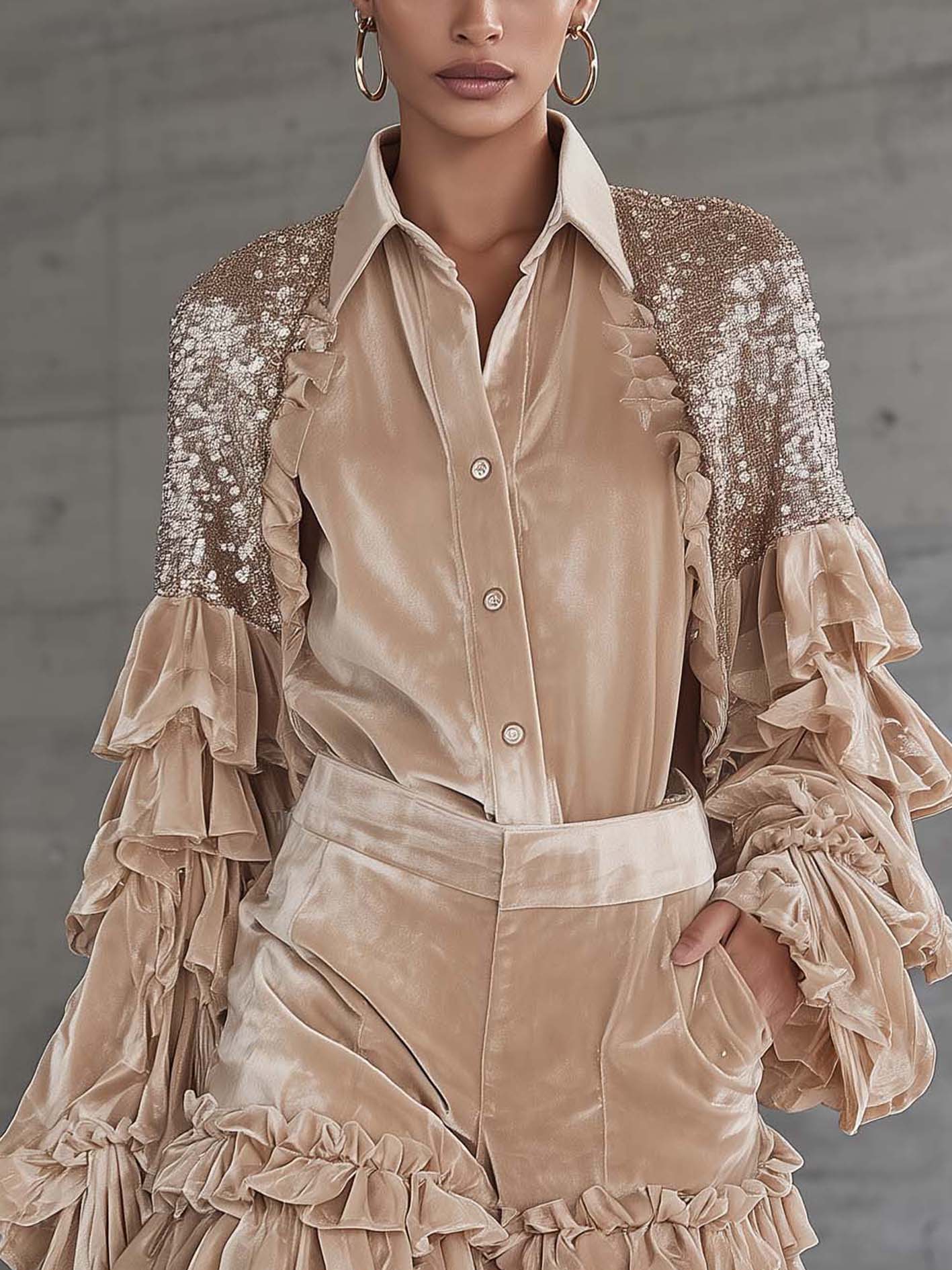 Champagne Velvet Sequin Ruffle Patchwork Two Piece Set