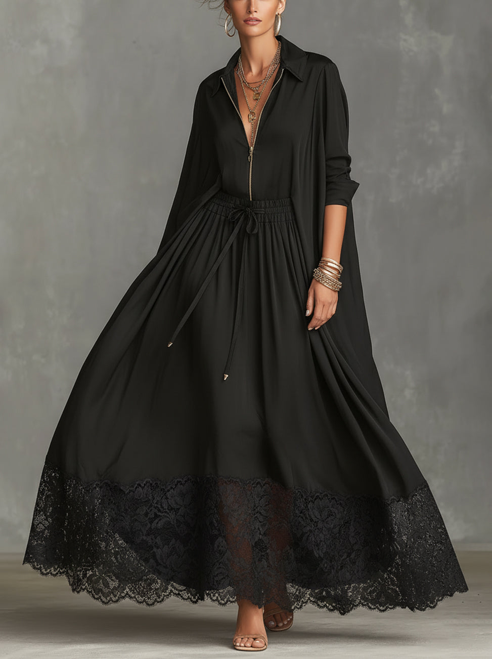 Black Lace-Trim Long-Sleeve Zip-Front Maxi Dress