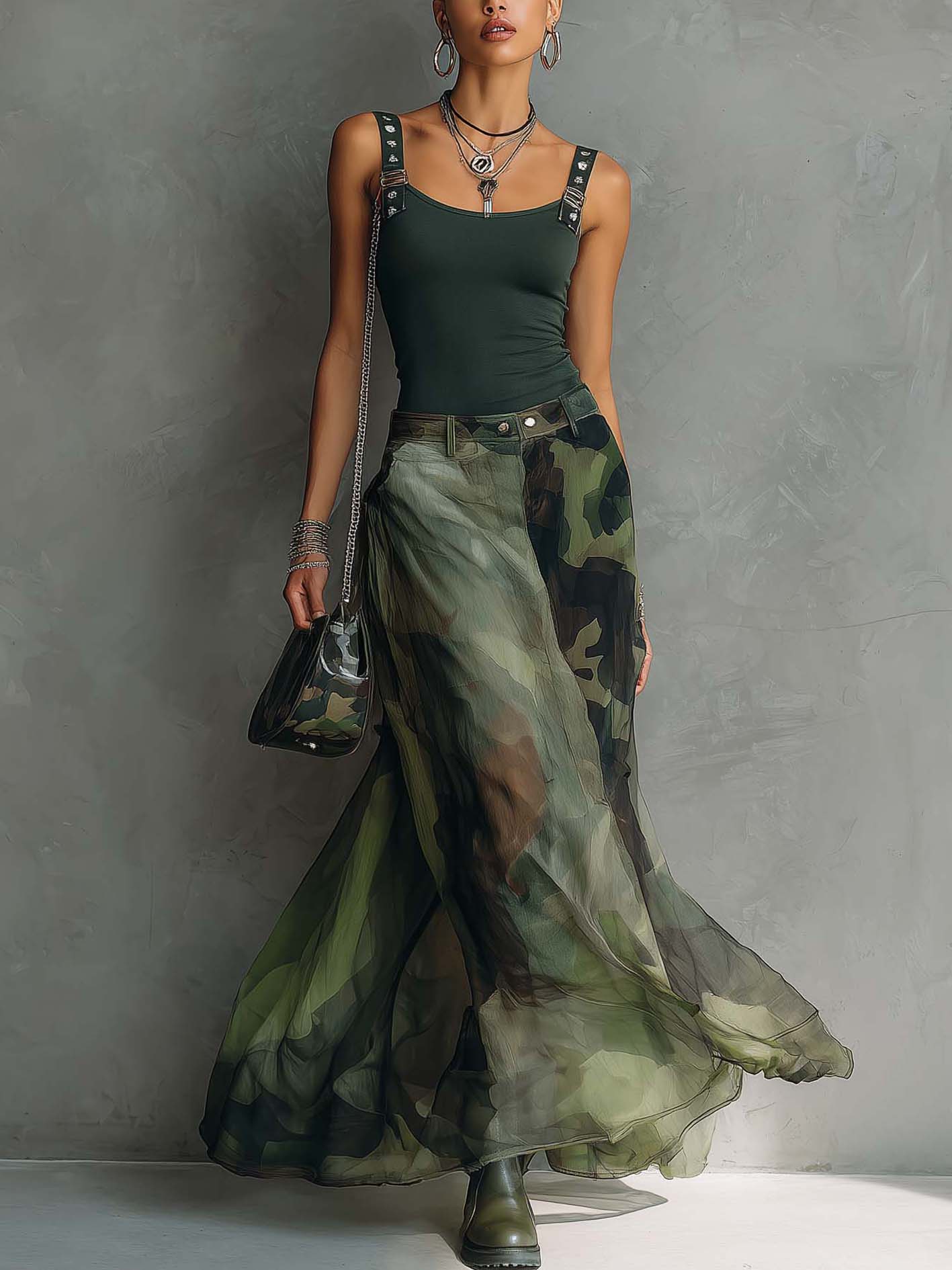Dark Green Strap Tank Top And Camouflage Chiffon Maxi Skirt Set