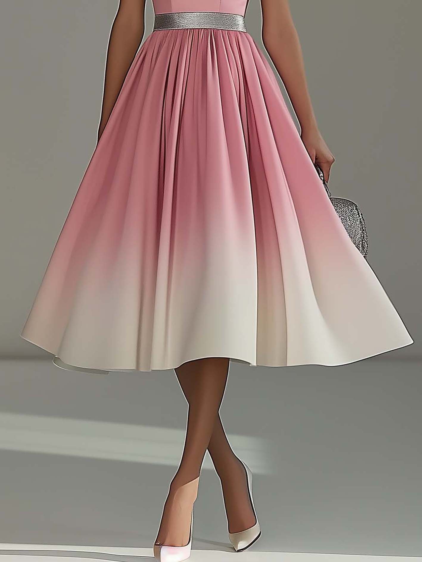 Pink Gradient Print Midi Dress With Silver Belt