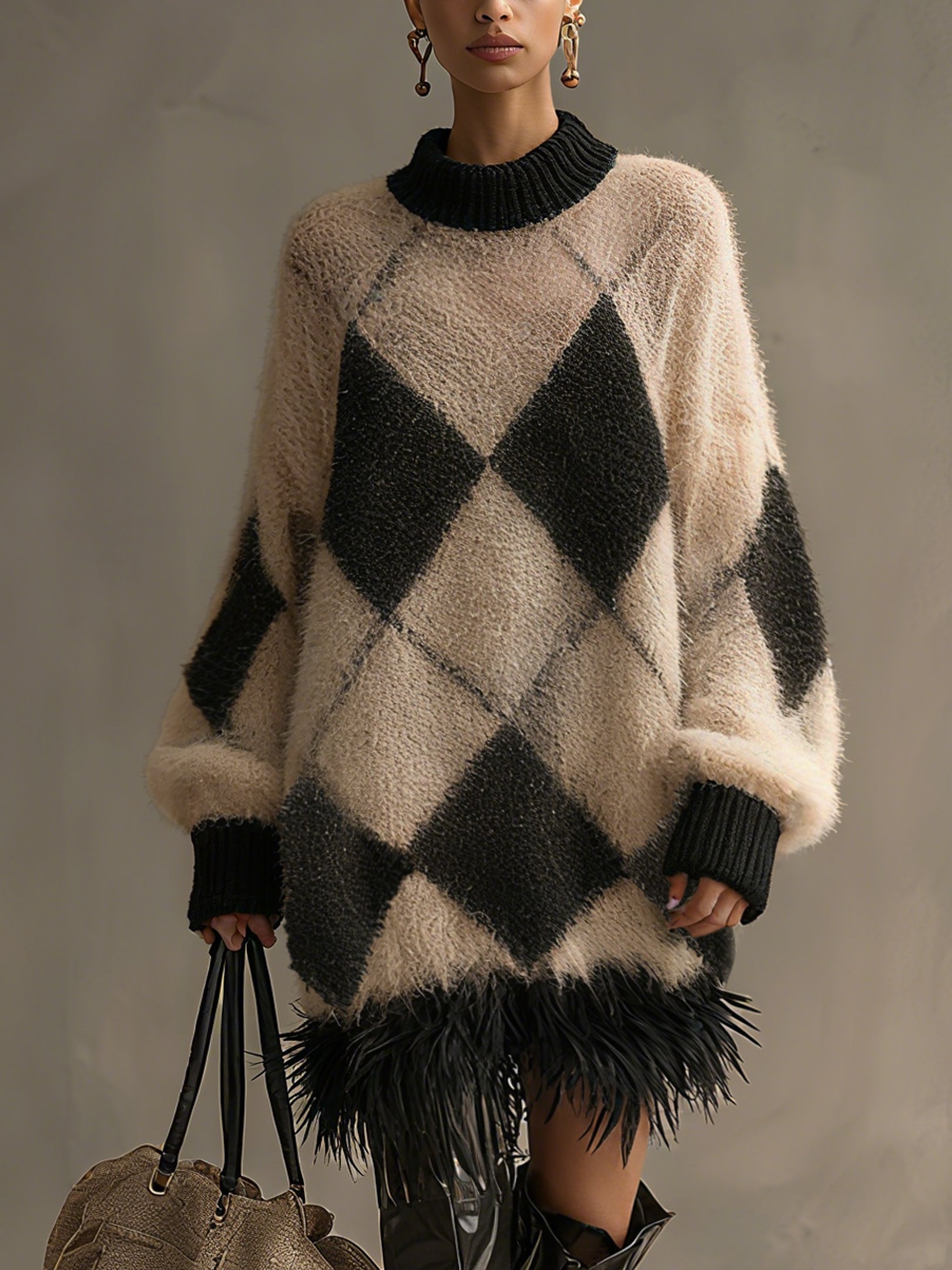 Black And Beige Soft Mohair Check Feather Long Sleeve Mini Dress