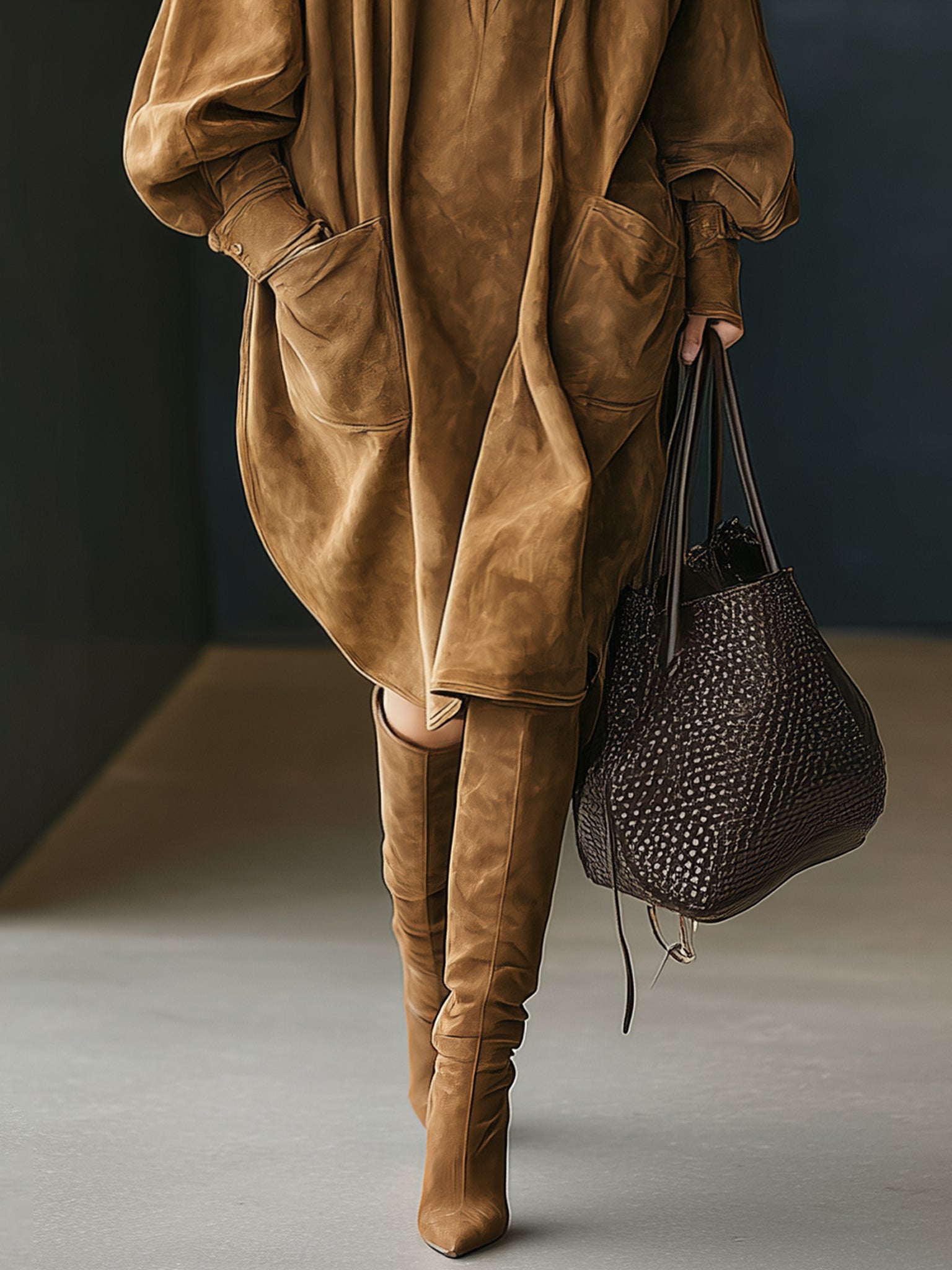 Vintage Brown Faux Suede Oversized Turtleneck Long Sleeve Midi Dress