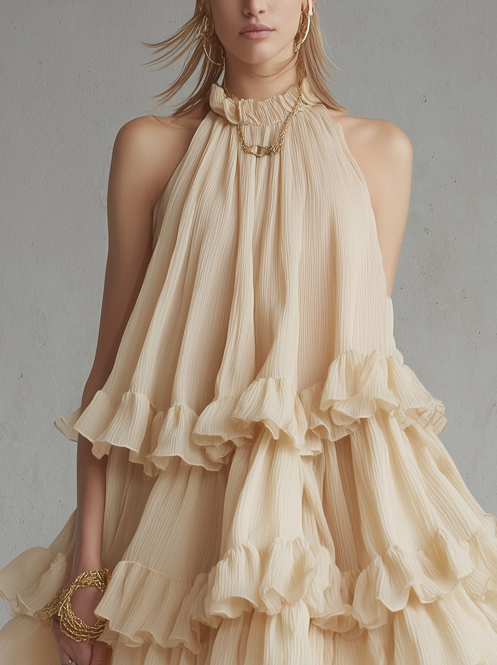 Apricot Pleated Halter Neck Tiered Ruffle Mini Dress