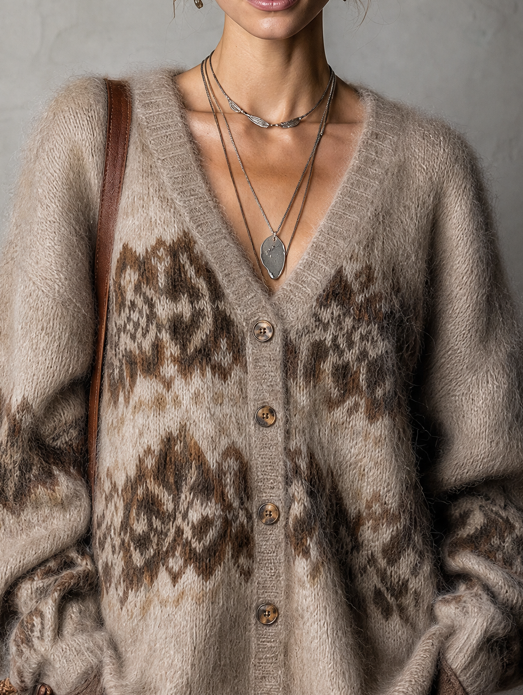 Taupe Fair Isle Fuzzy Knit V-Neck Cardigan