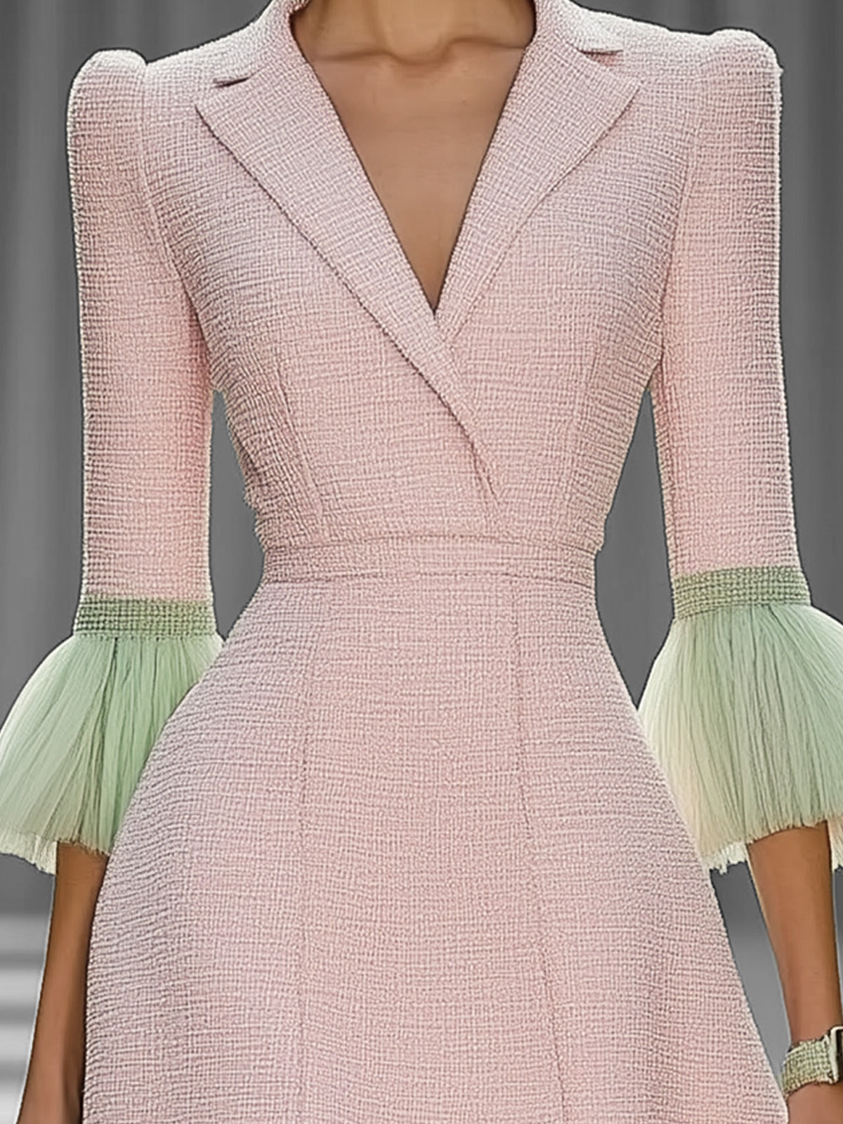 Pink Tweed Dress With Green Tulle Bell Sleeves