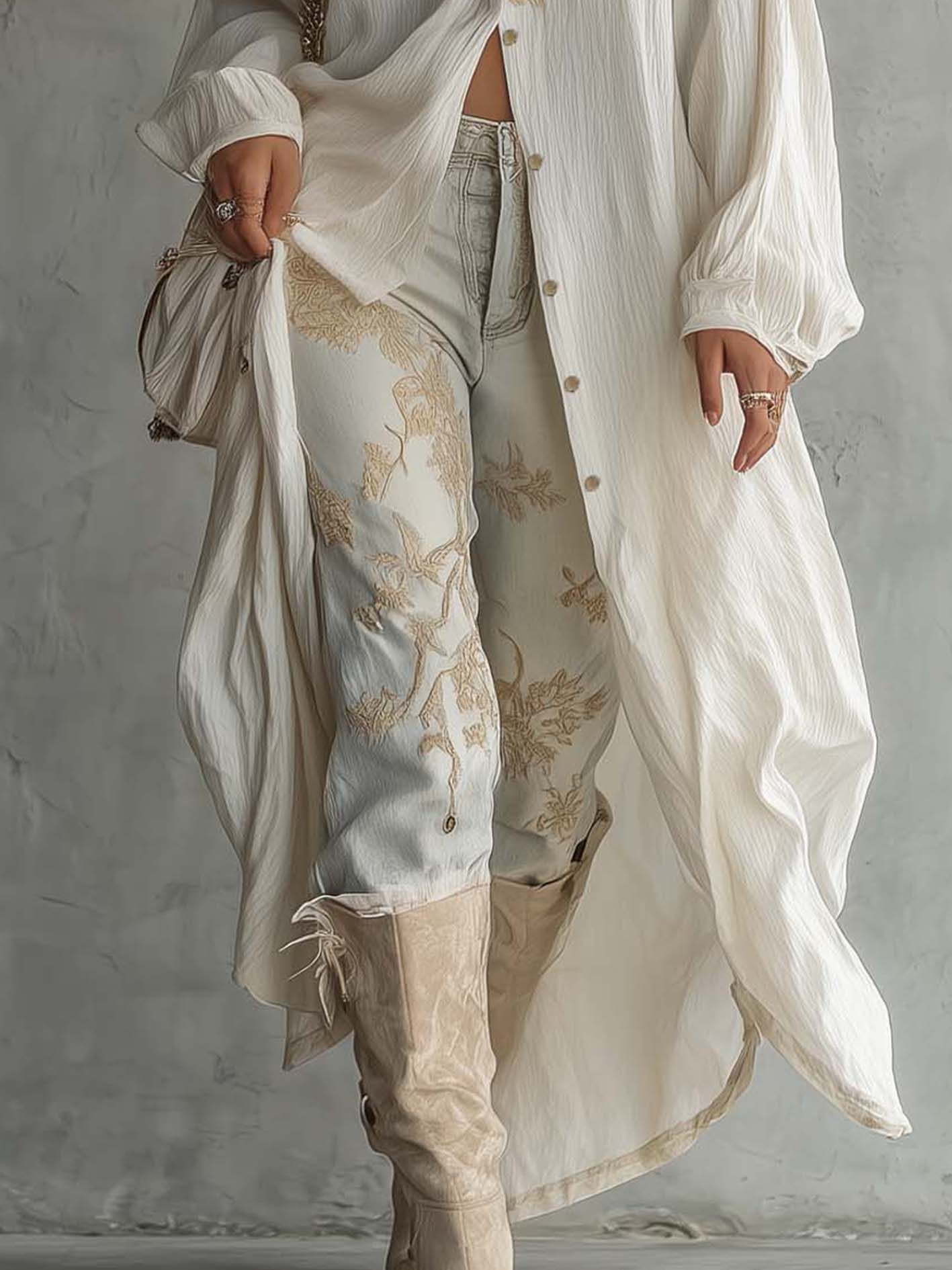 White Cotton Linen Embroidered Maxi Shirt Dress