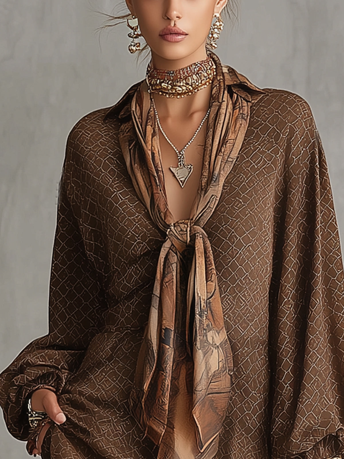 Brown Geometric Print Shirt Dress With Scarf Tie Collar