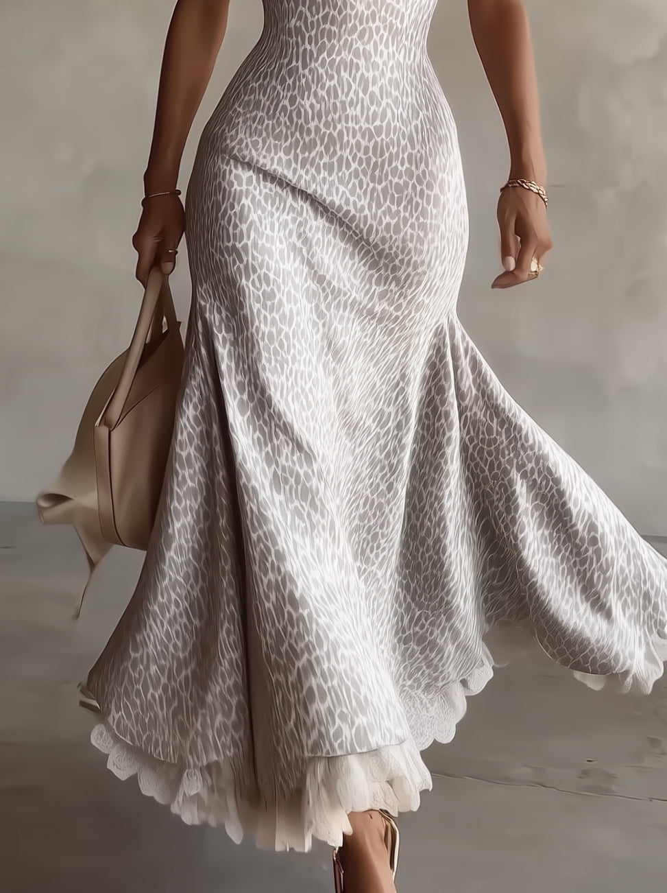 Ivory Square-Neck Jacquard Flare Midi Dress